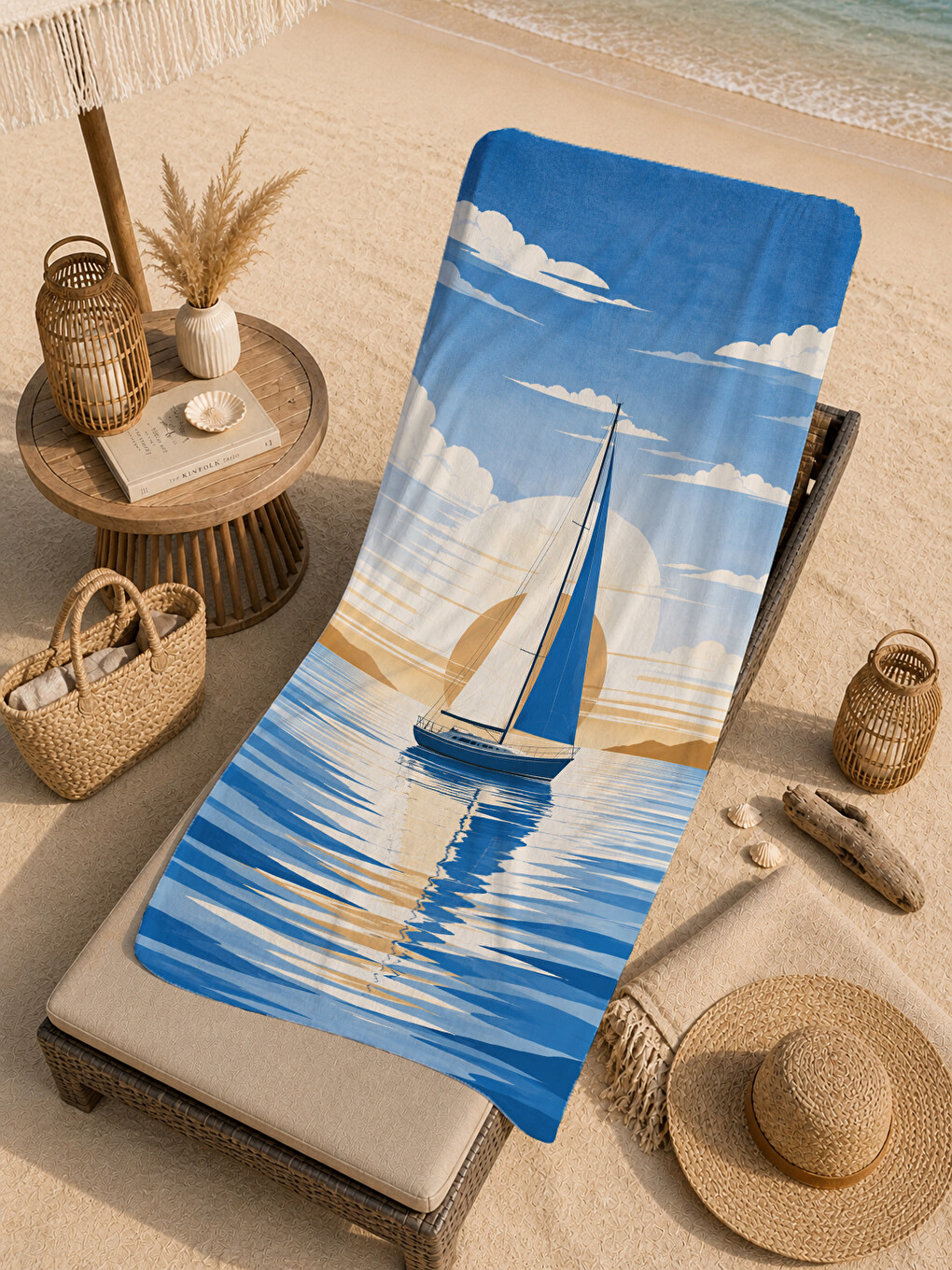 Minimal Mavi Deniz Yelkenli Desenli 70x150 Plaj Havlusu - Dijital Baskılı Solmaz Banyo Havlusu-4