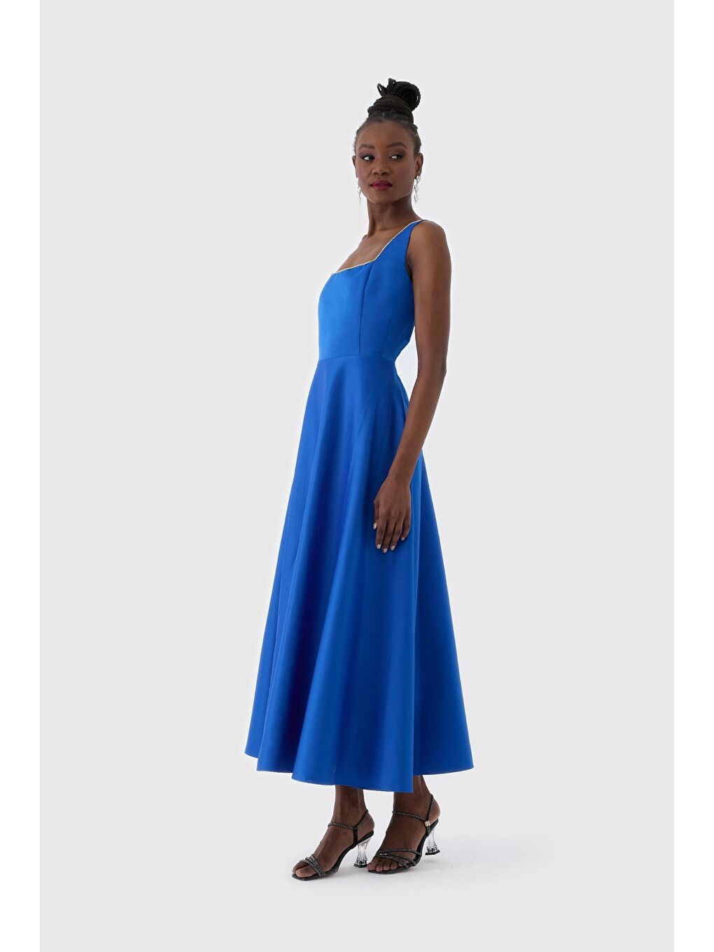 Lacivert Kare Yaka Kolsuz MidiBoy Mat Saten Kadın Elbise-2