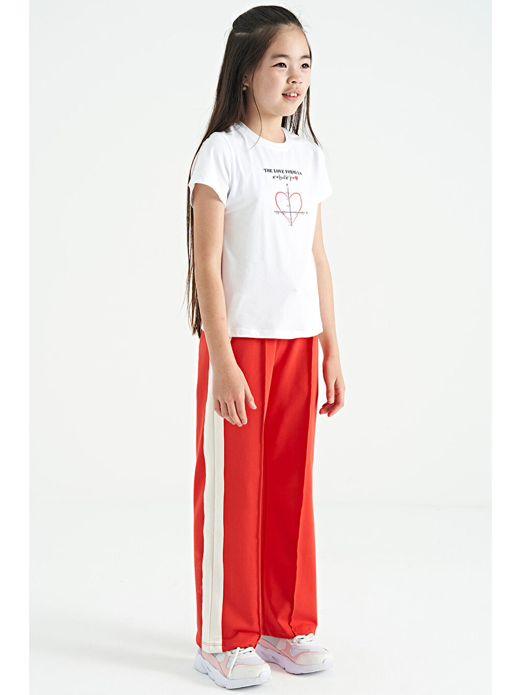 Kırmızı Fiesta Yan Bant Detaylı Bağcıklı Rahat Kalıp Geniş Paça Kız Çocuk Eşofman Alt - 75119-6