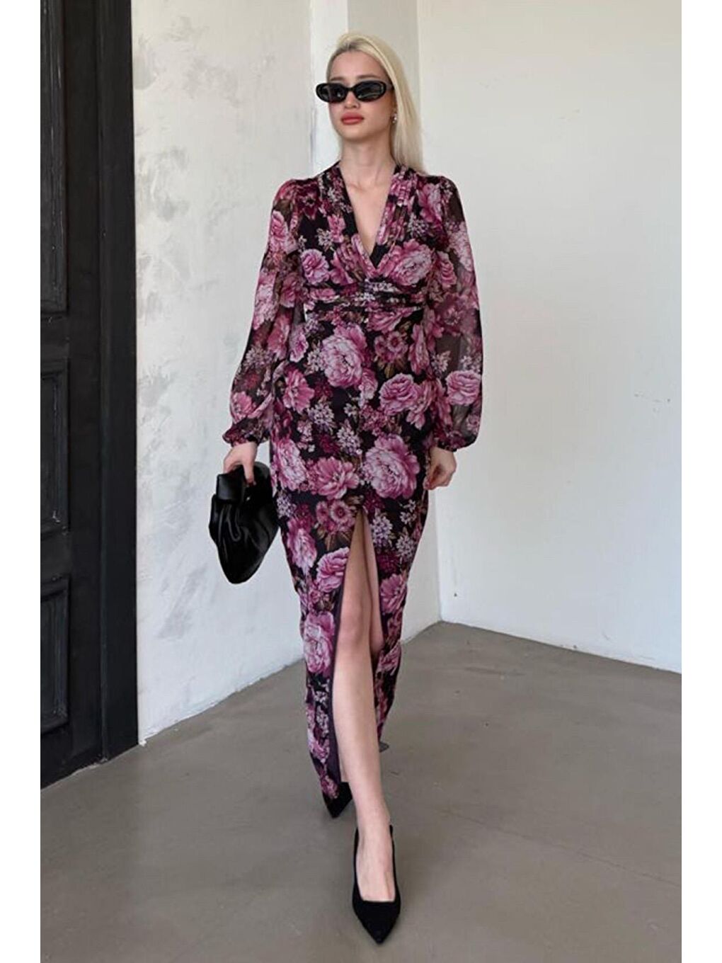 Mor Çiçekli Düğme Detaylı Kadın Elbise Mg2314-1