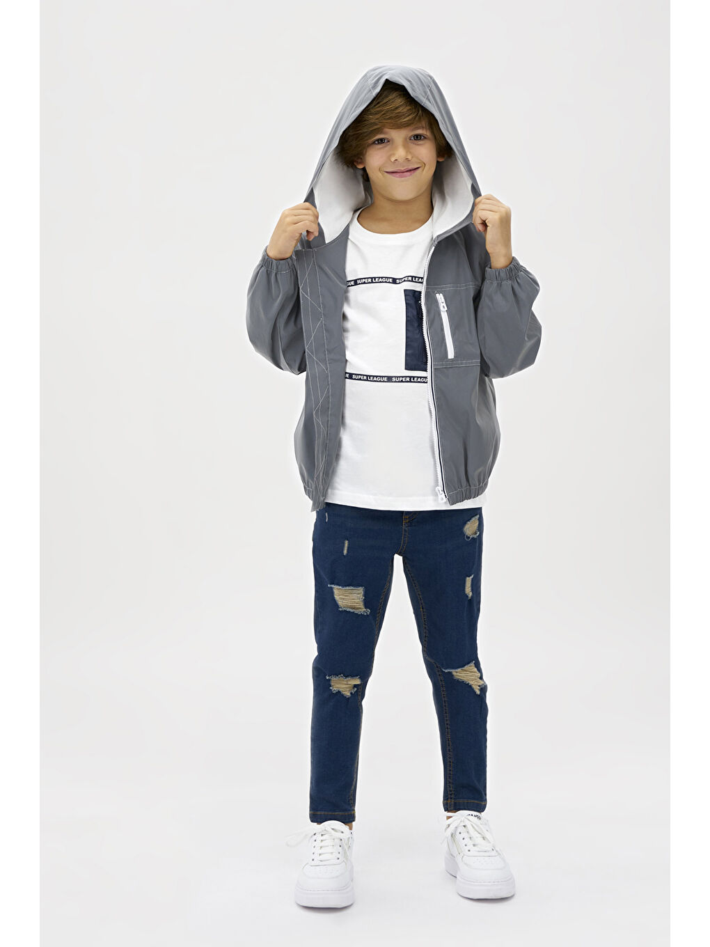 Lacivert Erkek Çocuk Yırtık Yıkamalı Denim Pantolon