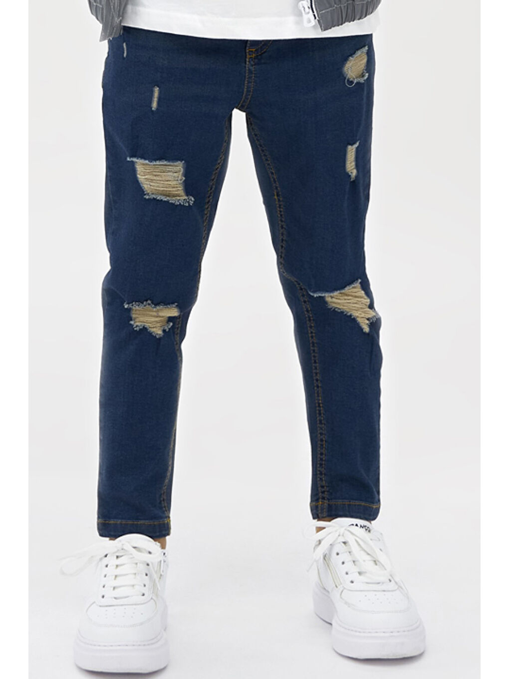 Lacivert Erkek Çocuk Yırtık Yıkamalı Denim Pantolon-1