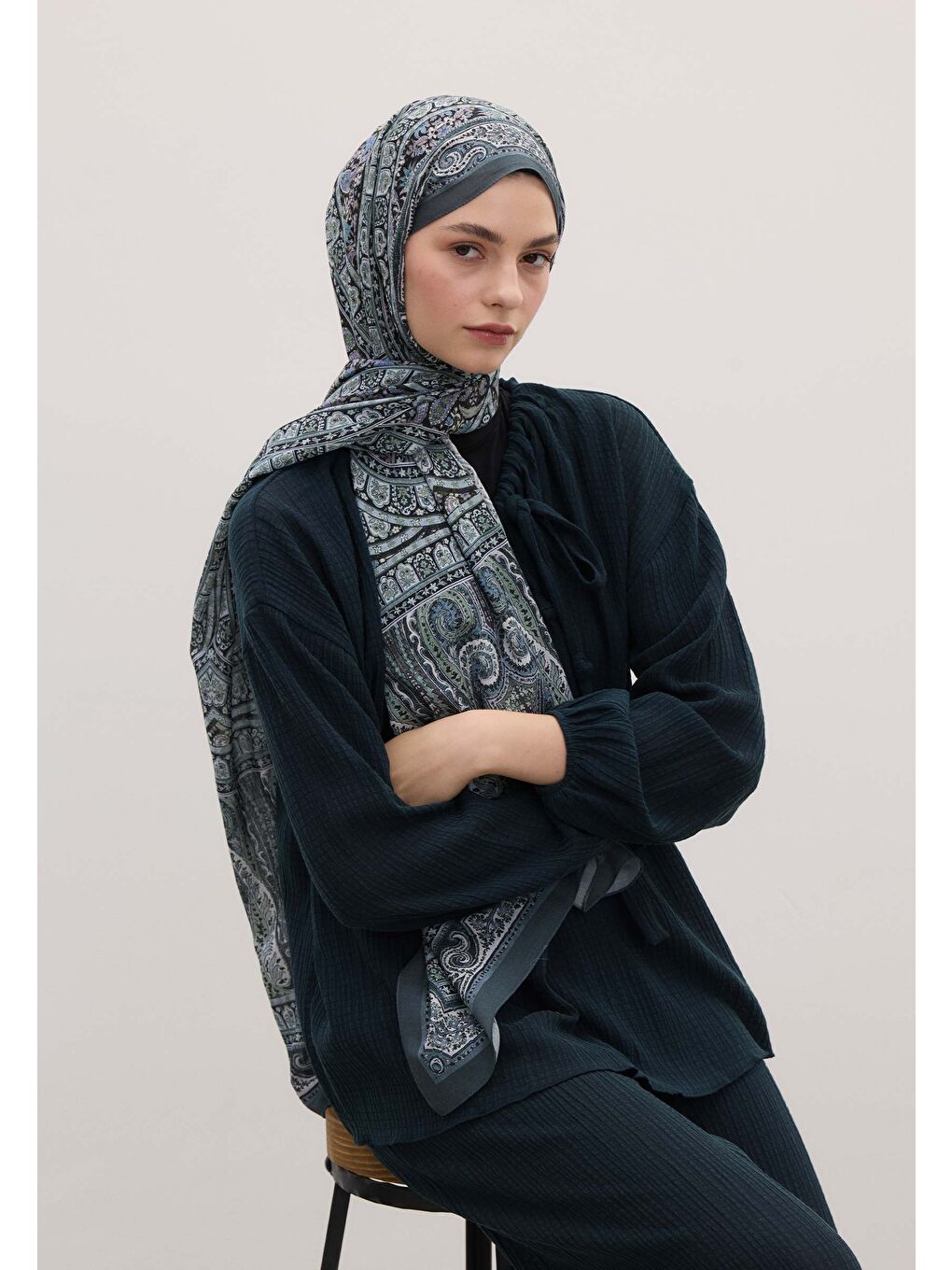 Mavi Nordıc Paısley Desen Şal Okyanus-1