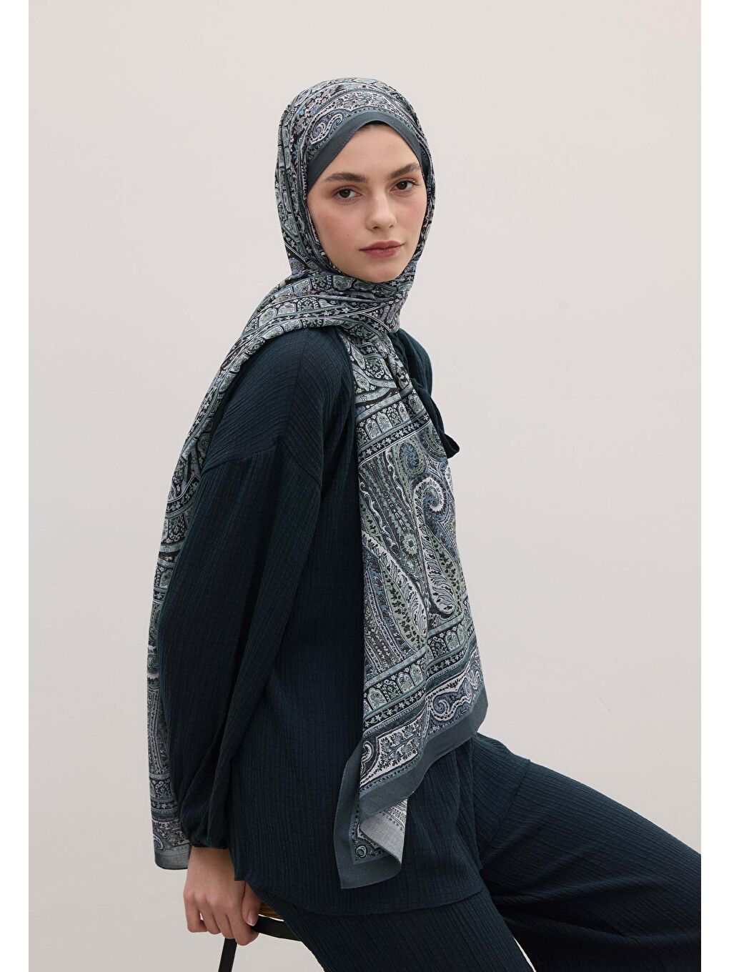 Mavi Nordıc Paısley Desen Şal Okyanus-2