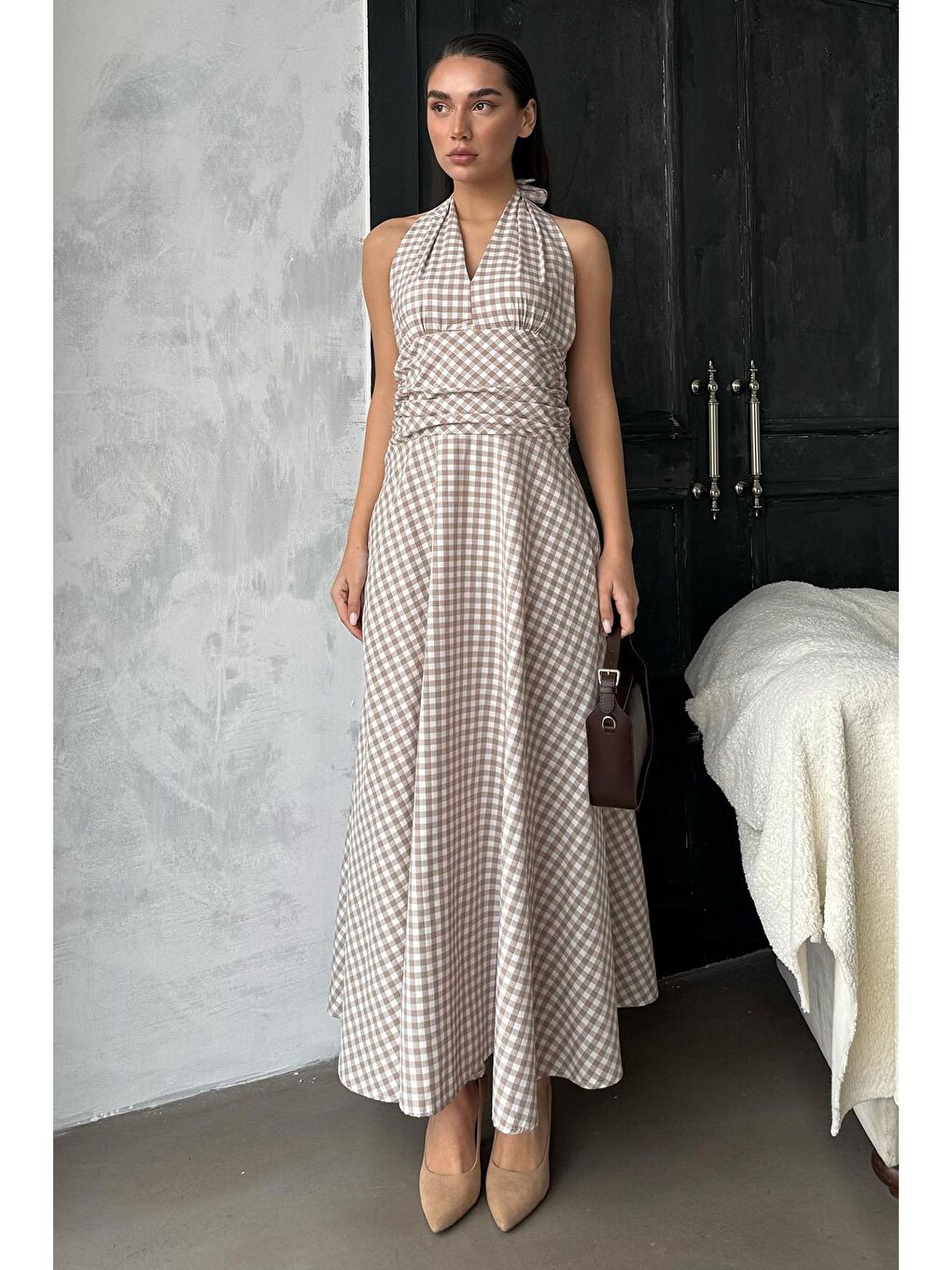 Bej Ekoseli Midi Boy Kadın Elbise Mg2350-2