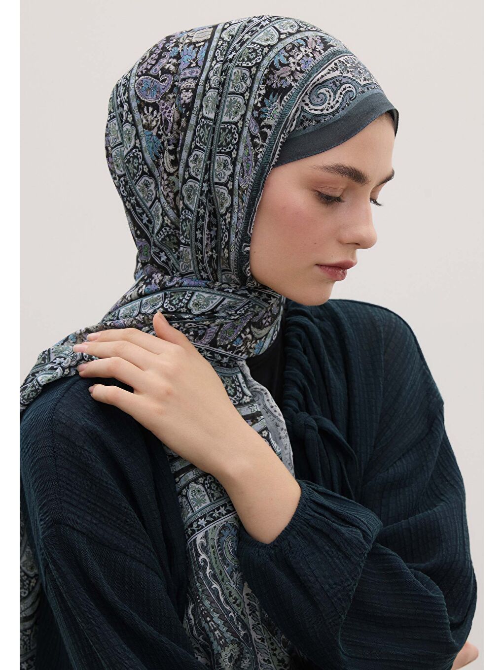 Mavi Nordıc Paısley Desen Şal Okyanus-3