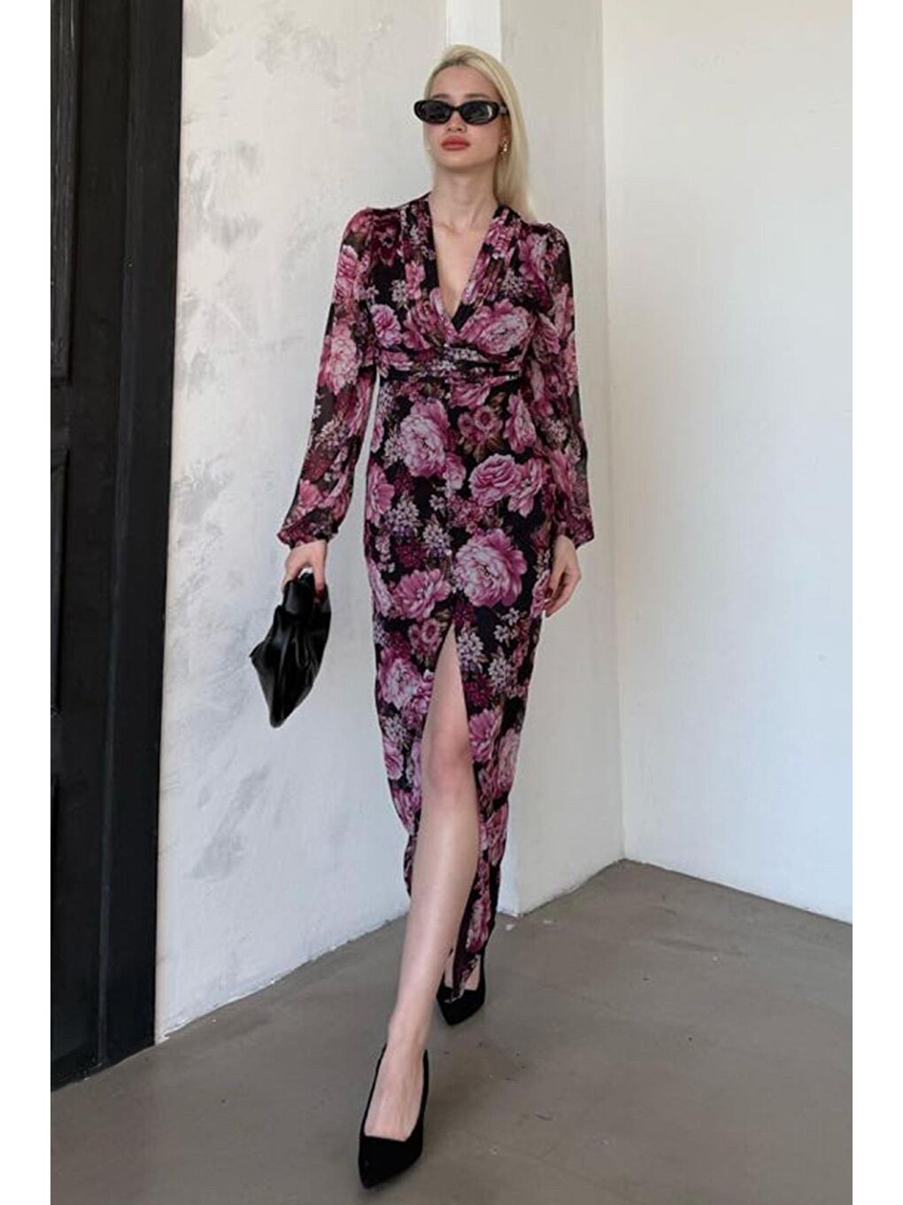 Mor Çiçekli Düğme Detaylı Kadın Elbise Mg2314-2