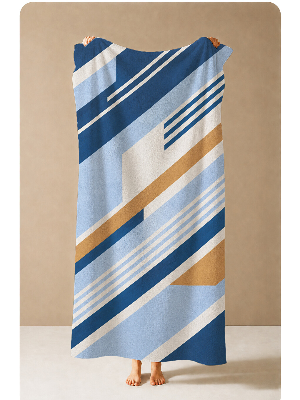 Modern Lacivert Bej Geometrik Şeritli Desenli 70x150 Plaj Havlusu - Dijital Baskılı Banyo Havlusu-3