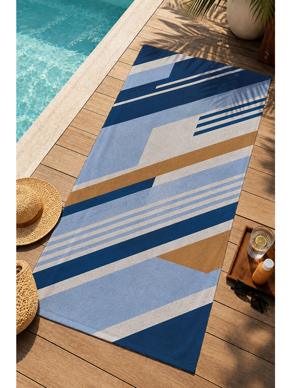 Modern Lacivert Bej Geometrik Şeritli Desenli 70x150 Plaj Havlusu - Dijital Baskılı Banyo Havlusu-4