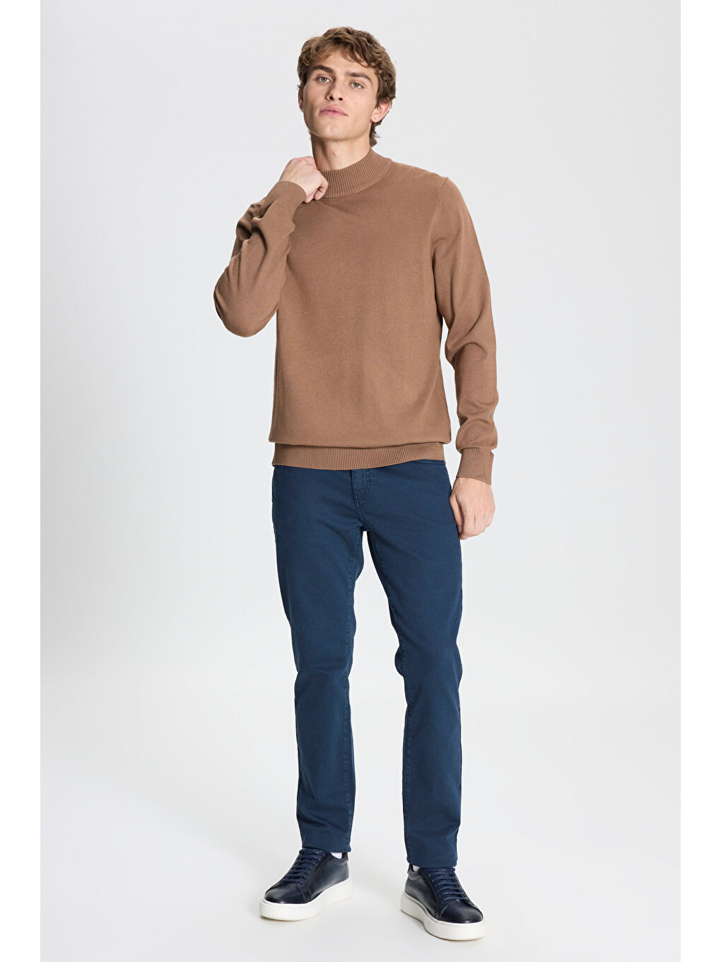 Bej Erkek Vizon Standart Fit Normal Kesim Yarım Balıkçı Yaka Triko Kazak-1