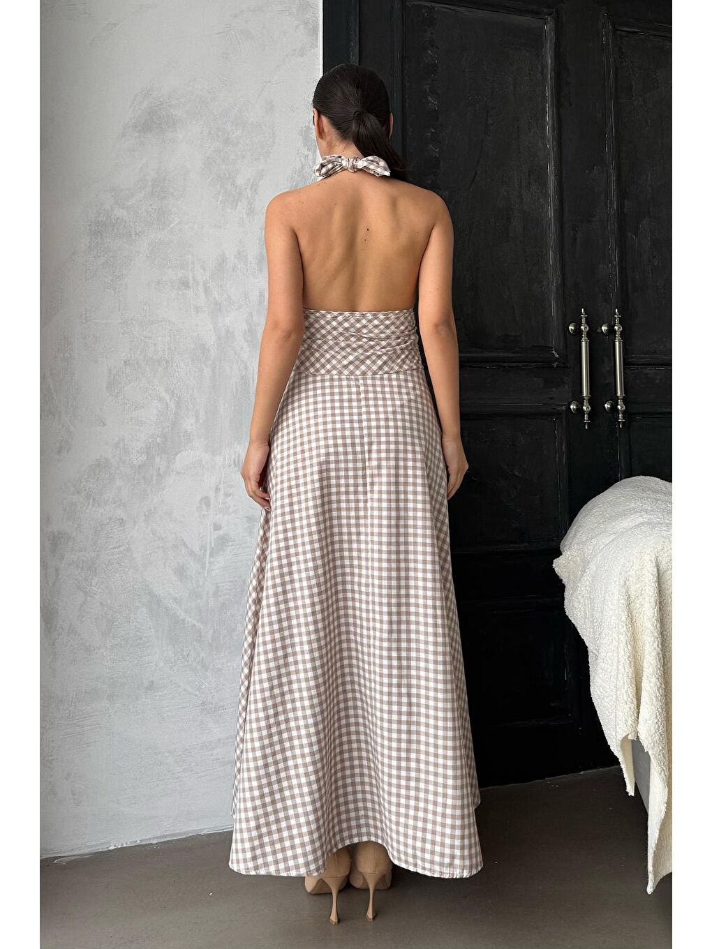 Bej Ekoseli Midi Boy Kadın Elbise Mg2350-3