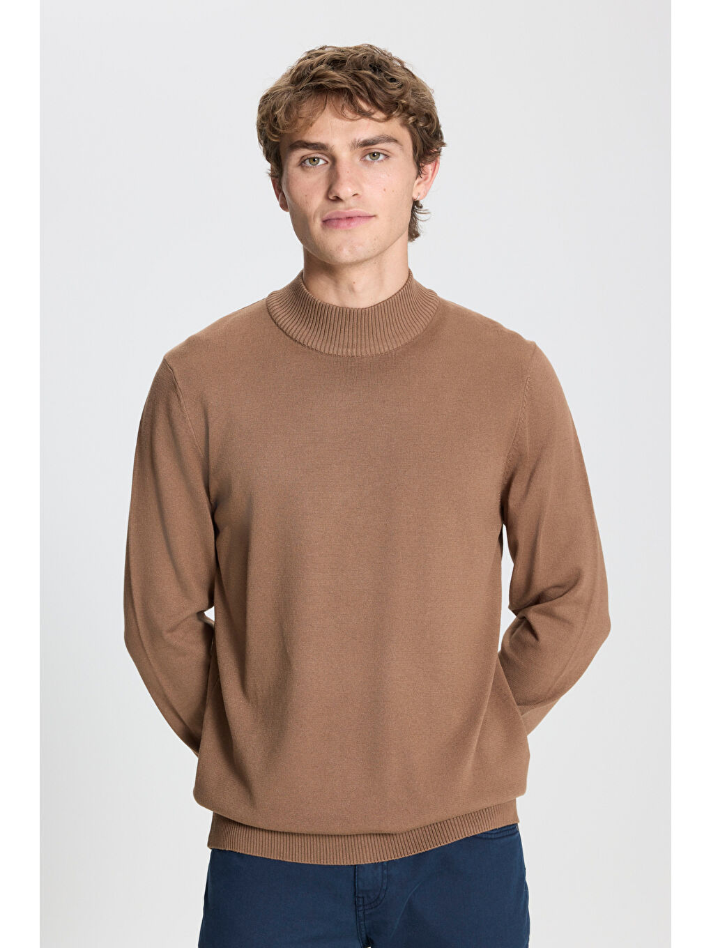 Bej Erkek Vizon Standart Fit Normal Kesim Yarım Balıkçı Yaka Triko Kazak-2