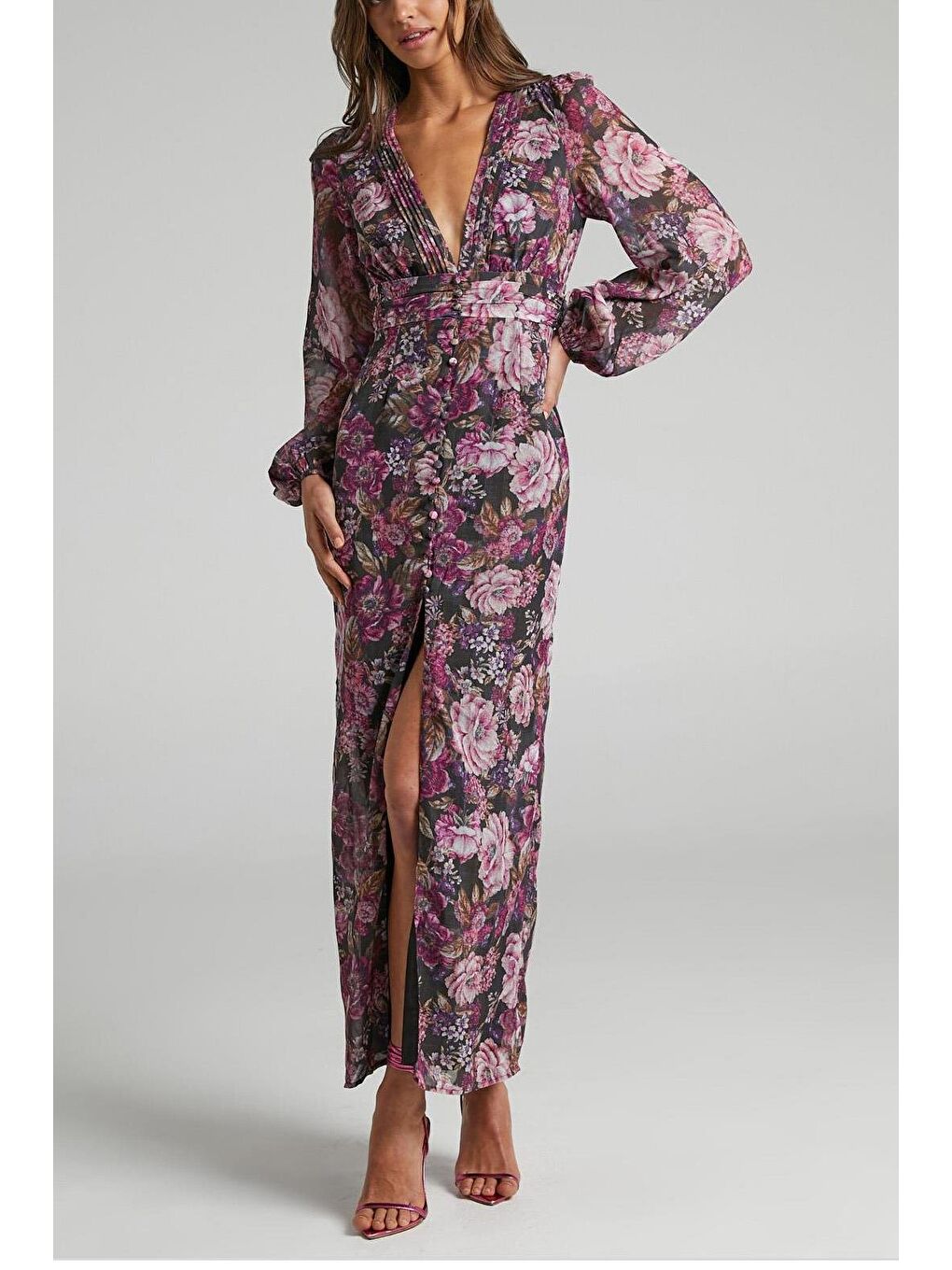 Mor Çiçekli Düğme Detaylı Kadın Elbise Mg2314-3