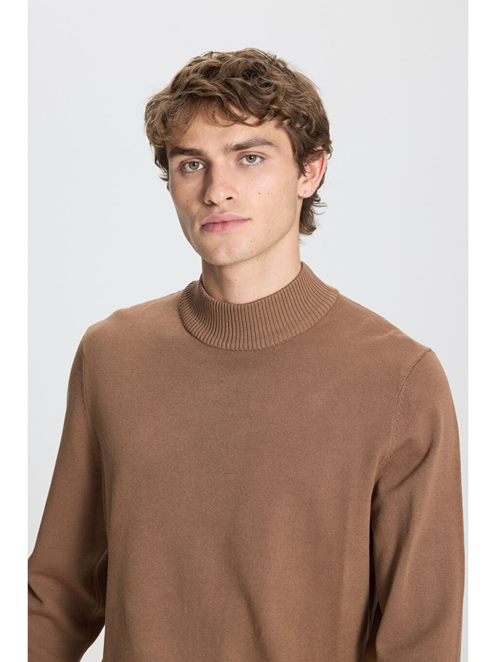 Bej Erkek Vizon Standart Fit Normal Kesim Yarım Balıkçı Yaka Triko Kazak-3