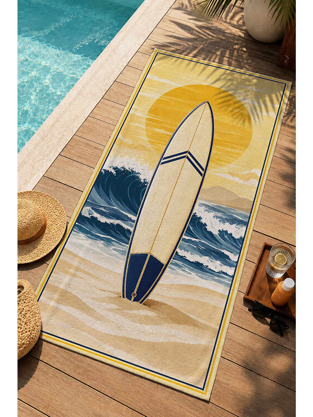 Retro Sarı Sörf Tahtası Okyanus Dalga Desenli 70x150 Plaj Havlusu - Dijital Baskılı Banyo Havlusu-1