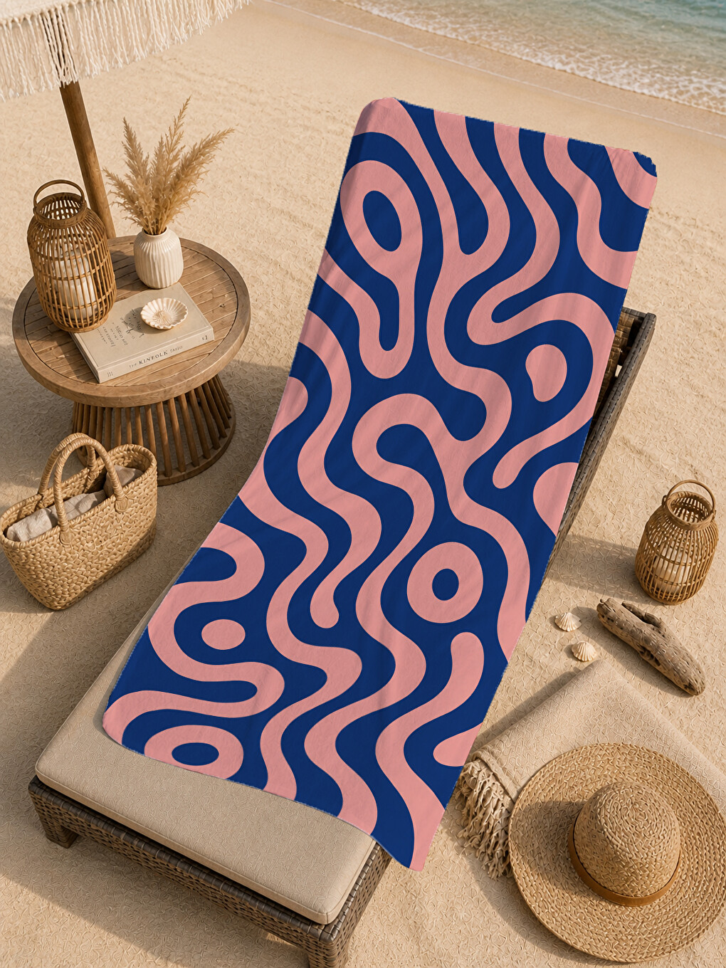 Psychedelic Lacivert Pembe Dalgalı Çizgi Desenli 70x150 Plaj Havlusu - Dijital Baskılı Banyo Havlusu-3