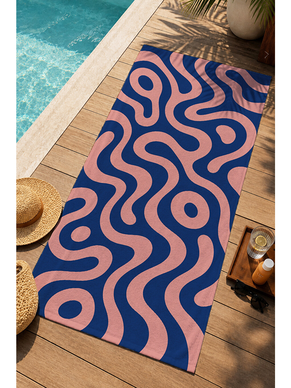 Psychedelic Lacivert Pembe Dalgalı Çizgi Desenli 70x150 Plaj Havlusu - Dijital Baskılı Banyo Havlusu-4