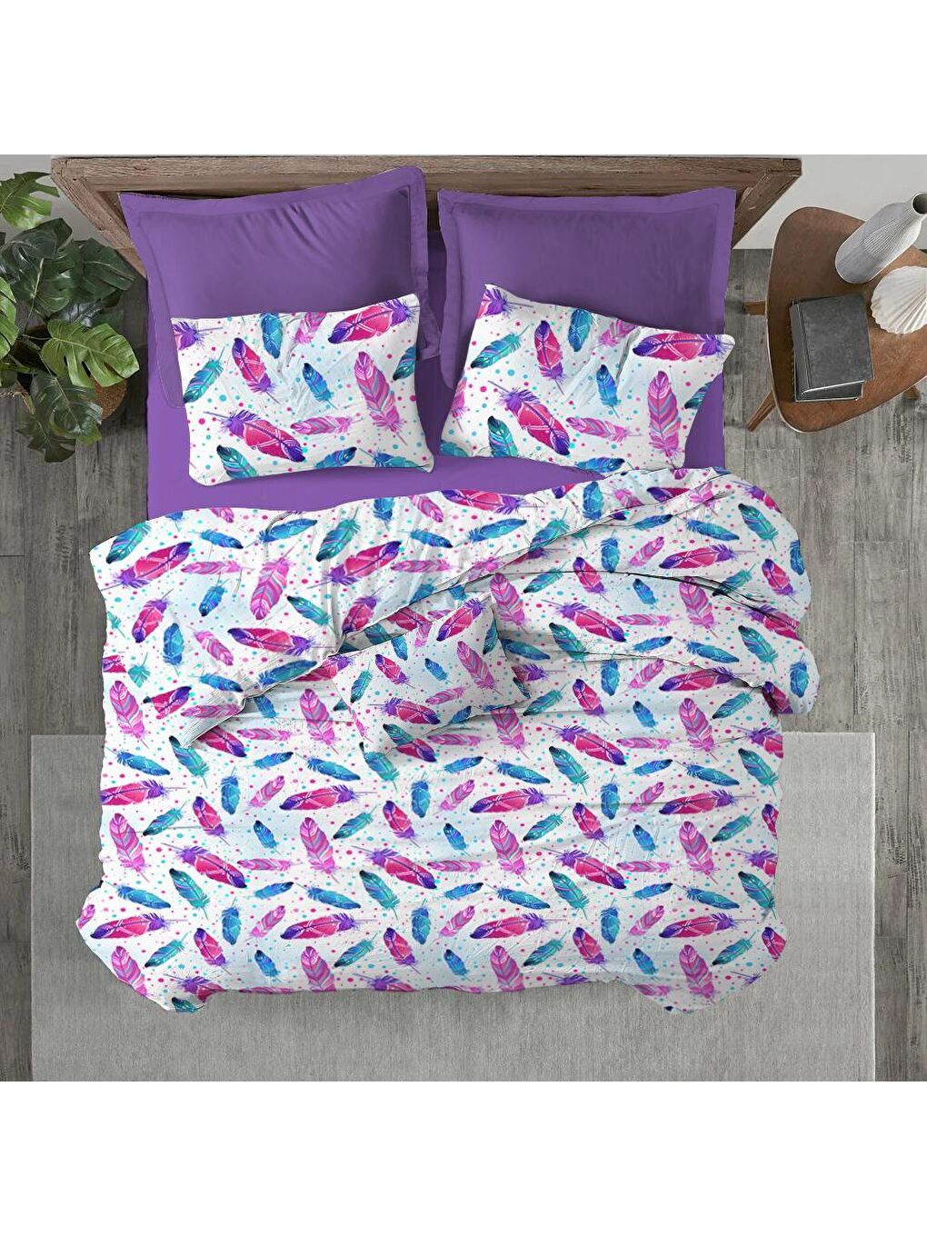 Karışık Yaprak Desen Baskılı Çift Kişilik 200x220 cm 2 Adet 50x70 cm Nevresim Takımı - Renkli