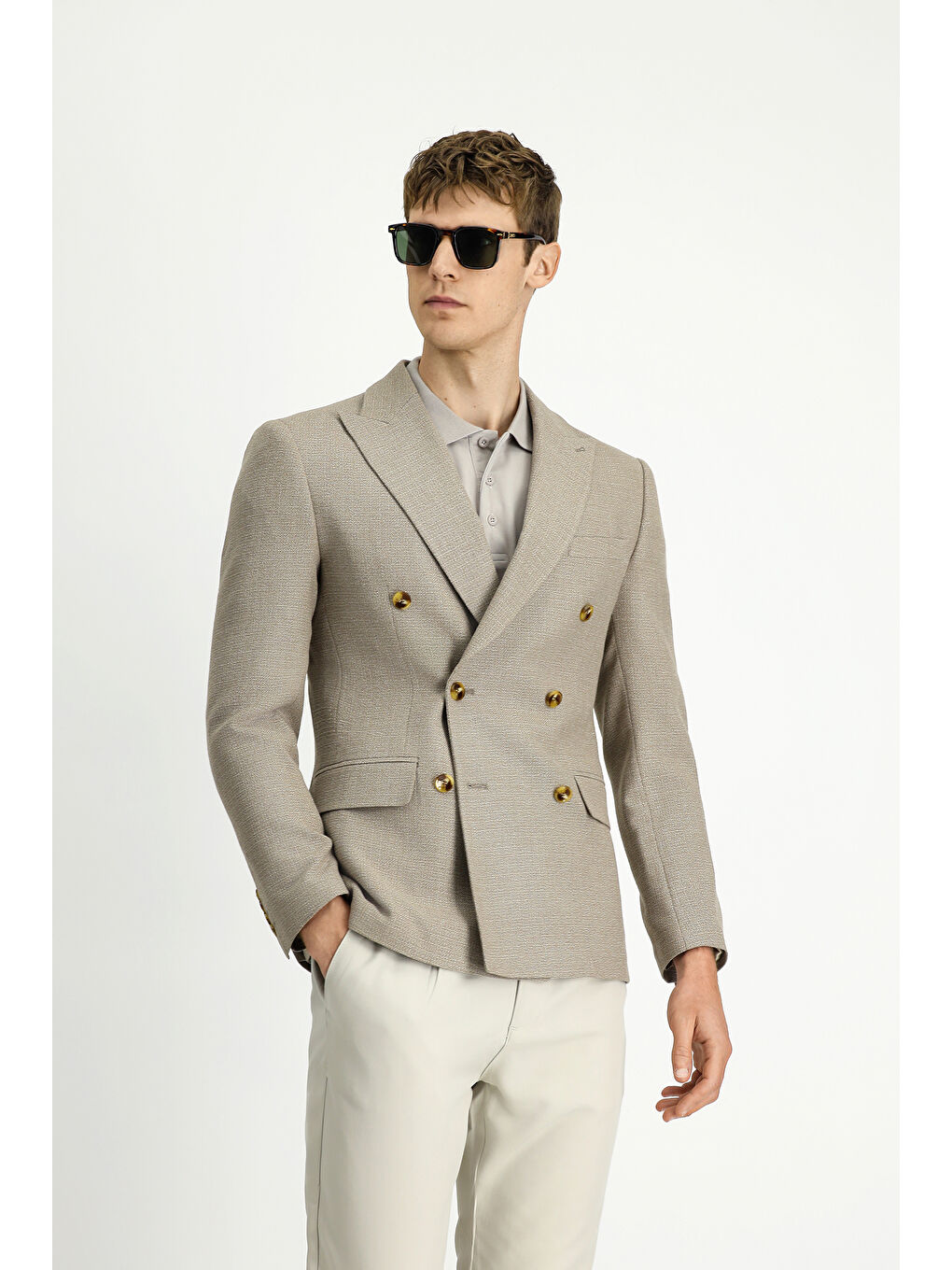 Bej Super Slim Fit Ekstra Dar Kesim Desenli Kruvaze Ceket