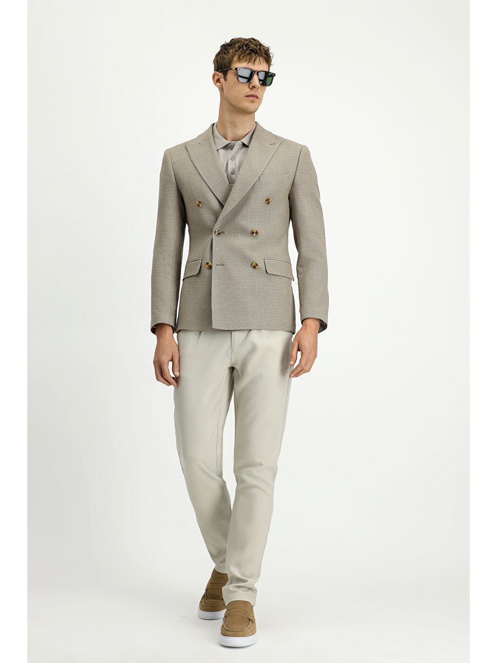 Bej Super Slim Fit Ekstra Dar Kesim Desenli Kruvaze Ceket-1