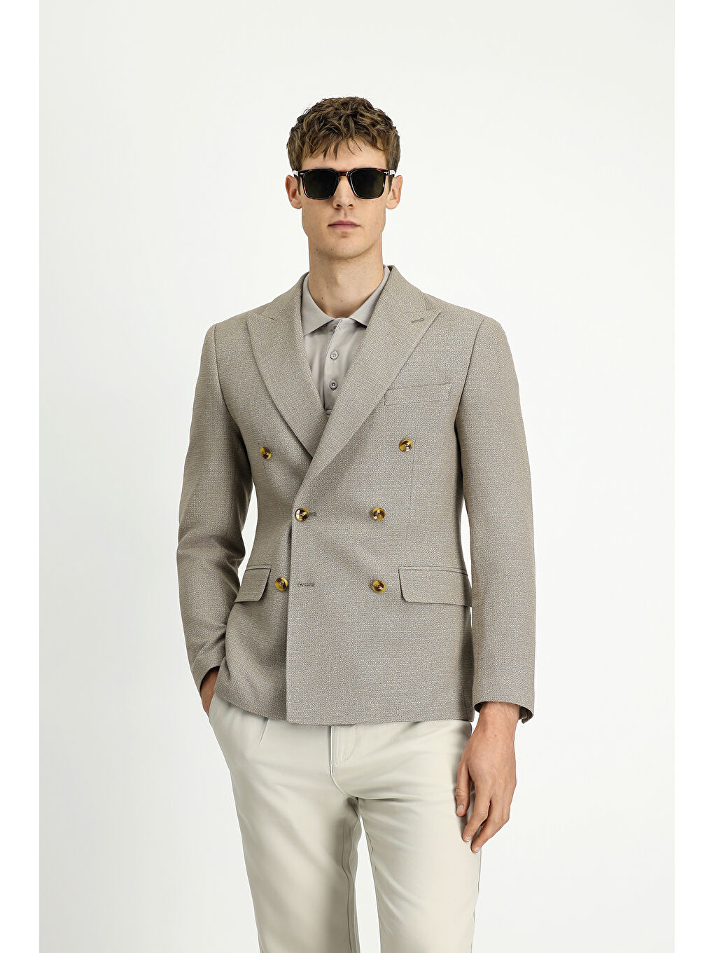 Bej Super Slim Fit Ekstra Dar Kesim Desenli Kruvaze Ceket-2