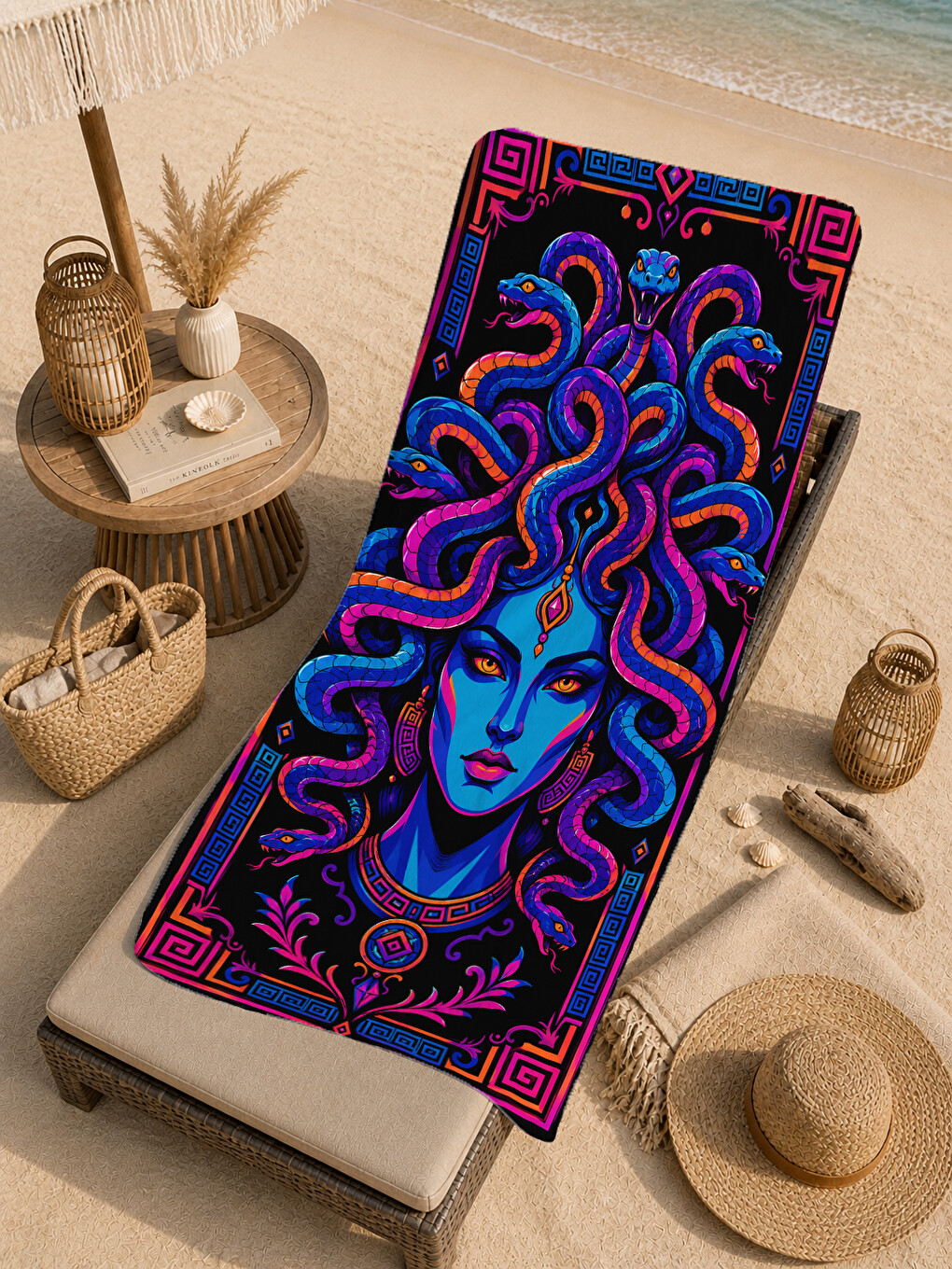 Mor Psikedelik Neon Kadın Yüzü Üçüncü Göz Desenli 70x150 Plaj Havlusu - Dijital Baskılı Banyo Havlusu