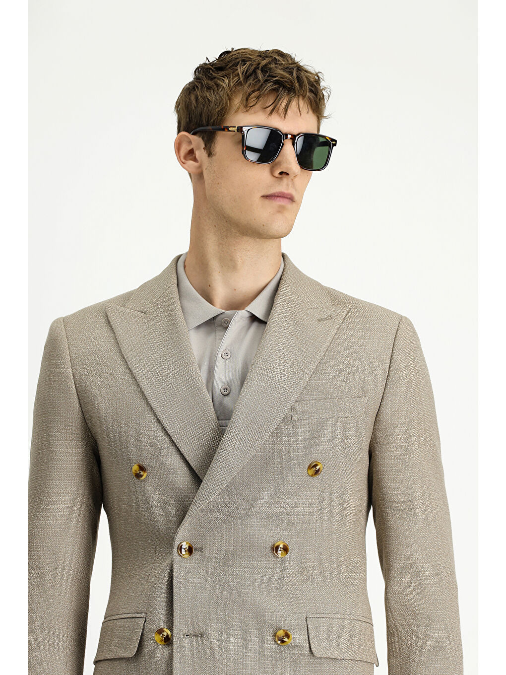 Bej Super Slim Fit Ekstra Dar Kesim Desenli Kruvaze Ceket-3