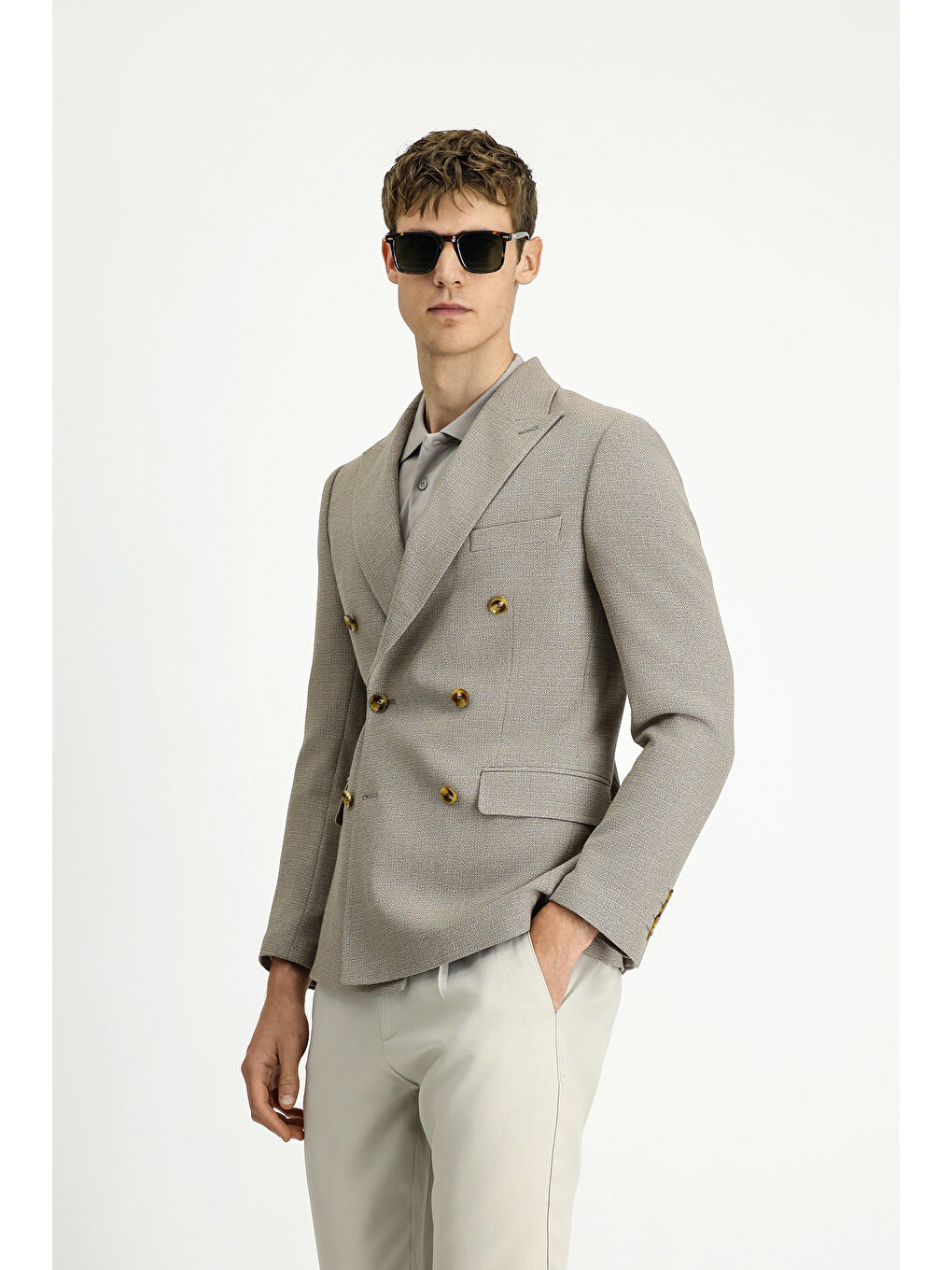 Bej Super Slim Fit Ekstra Dar Kesim Desenli Kruvaze Ceket-4