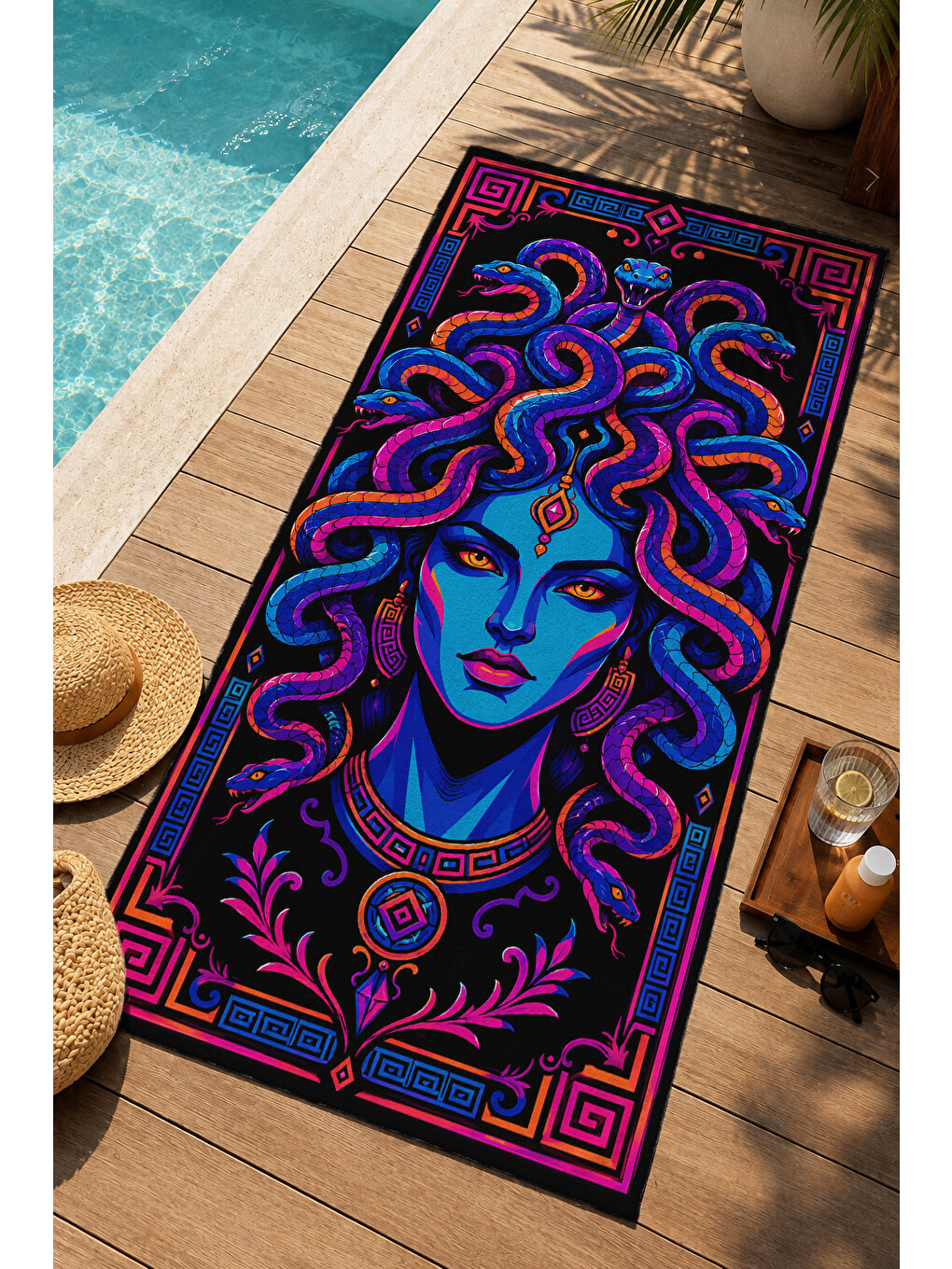 Mor Psikedelik Neon Kadın Yüzü Üçüncü Göz Desenli 70x150 Plaj Havlusu - Dijital Baskılı Banyo Havlusu-3
