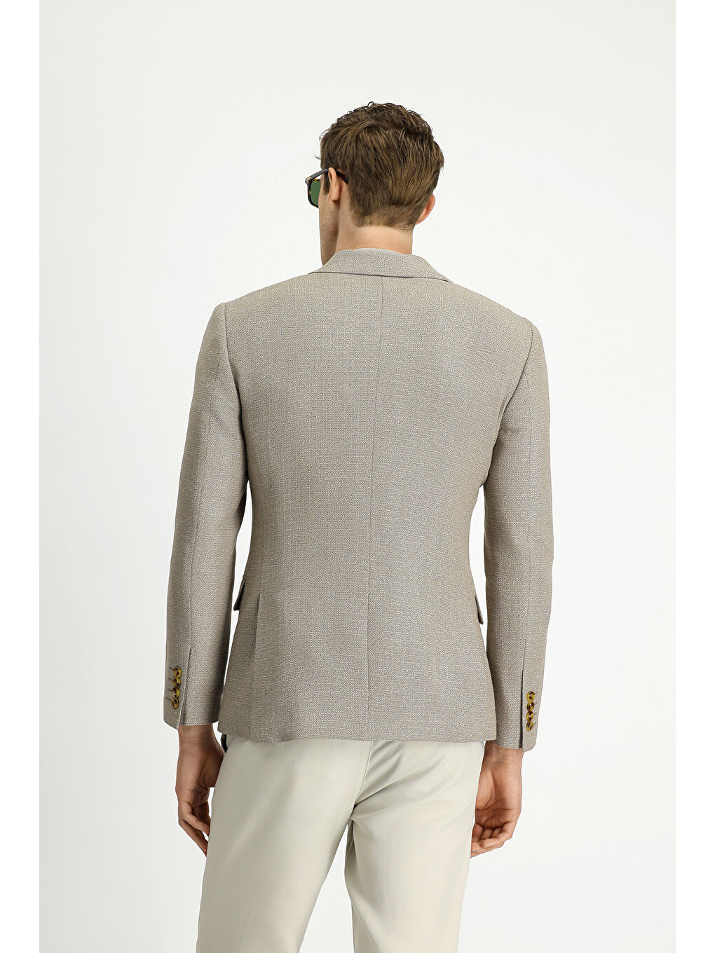 Bej Super Slim Fit Ekstra Dar Kesim Desenli Kruvaze Ceket-5