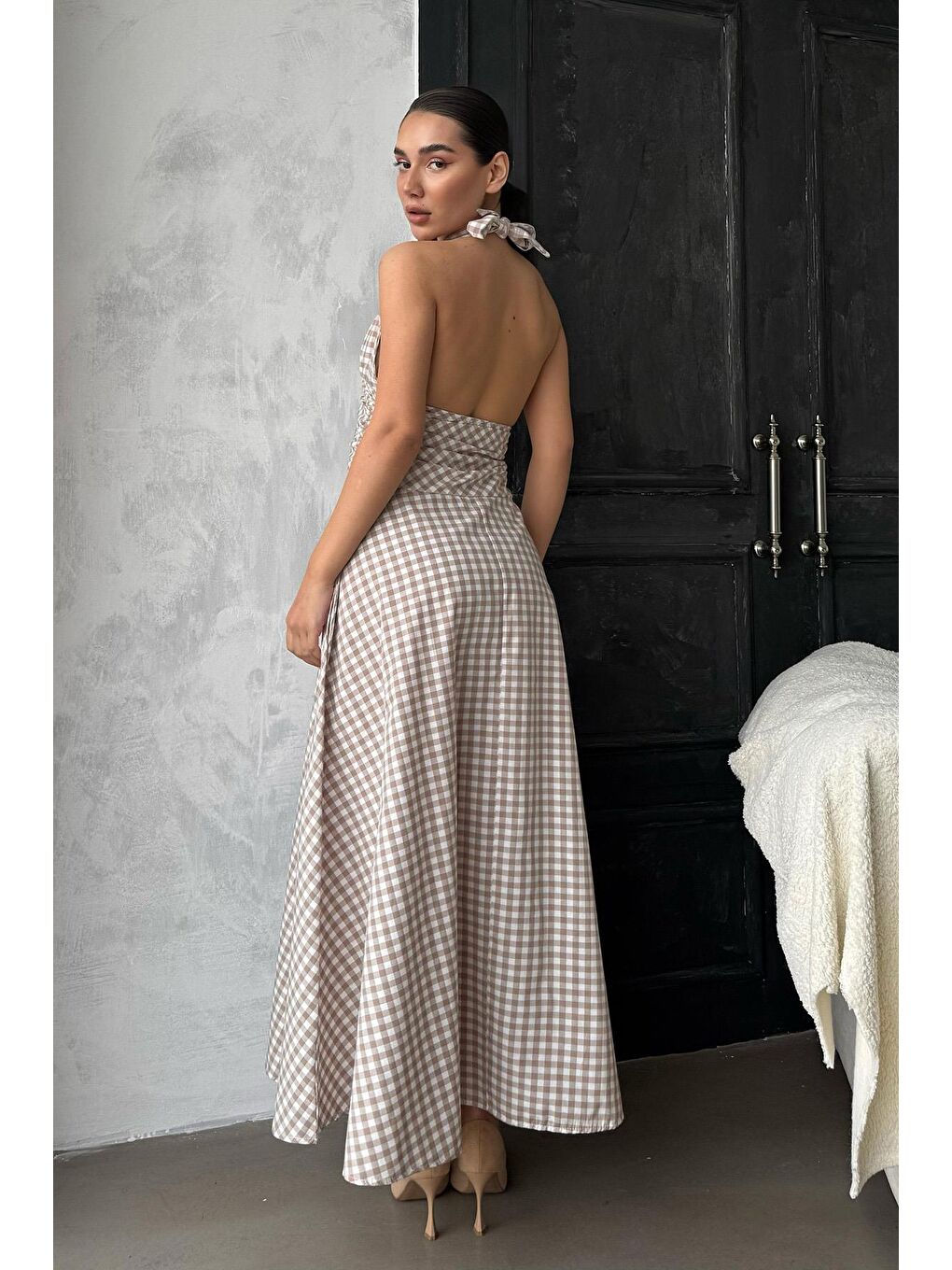 Bej Ekoseli Midi Boy Kadın Elbise Mg2350-4