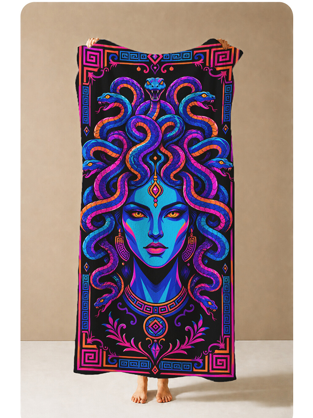 Mor Psikedelik Neon Kadın Yüzü Üçüncü Göz Desenli 70x150 Plaj Havlusu - Dijital Baskılı Banyo Havlusu-4