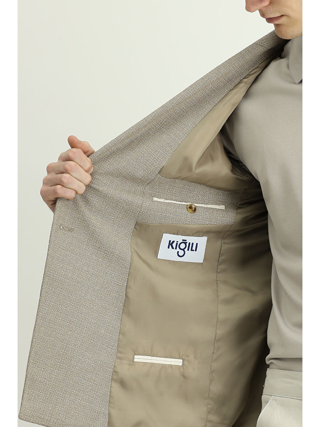 Bej Super Slim Fit Ekstra Dar Kesim Desenli Kruvaze Ceket-6