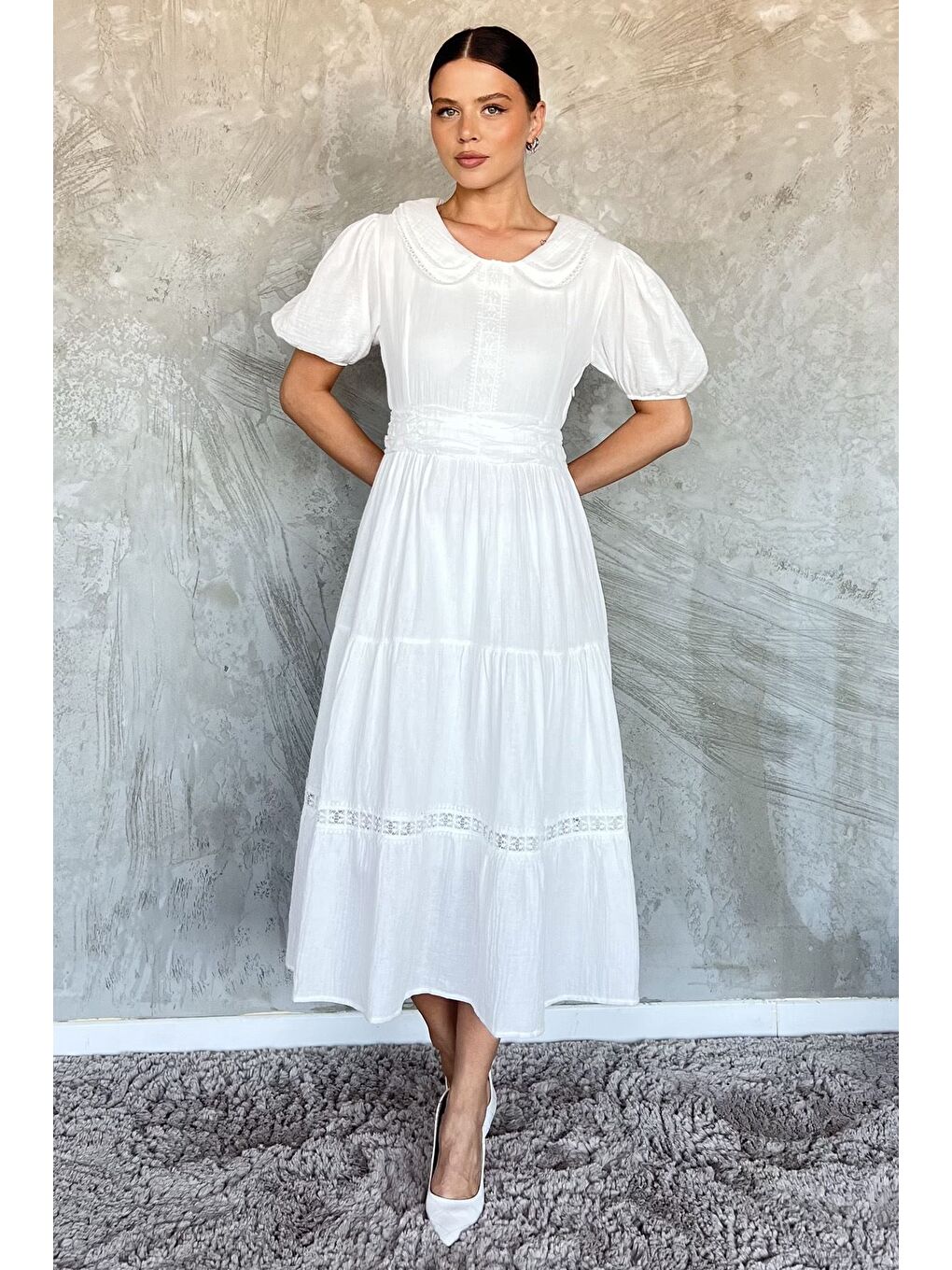 Beyaz Kadın Bebe Yaka Dantel İşleme Detaylı Bel Lastikli Elbise-1