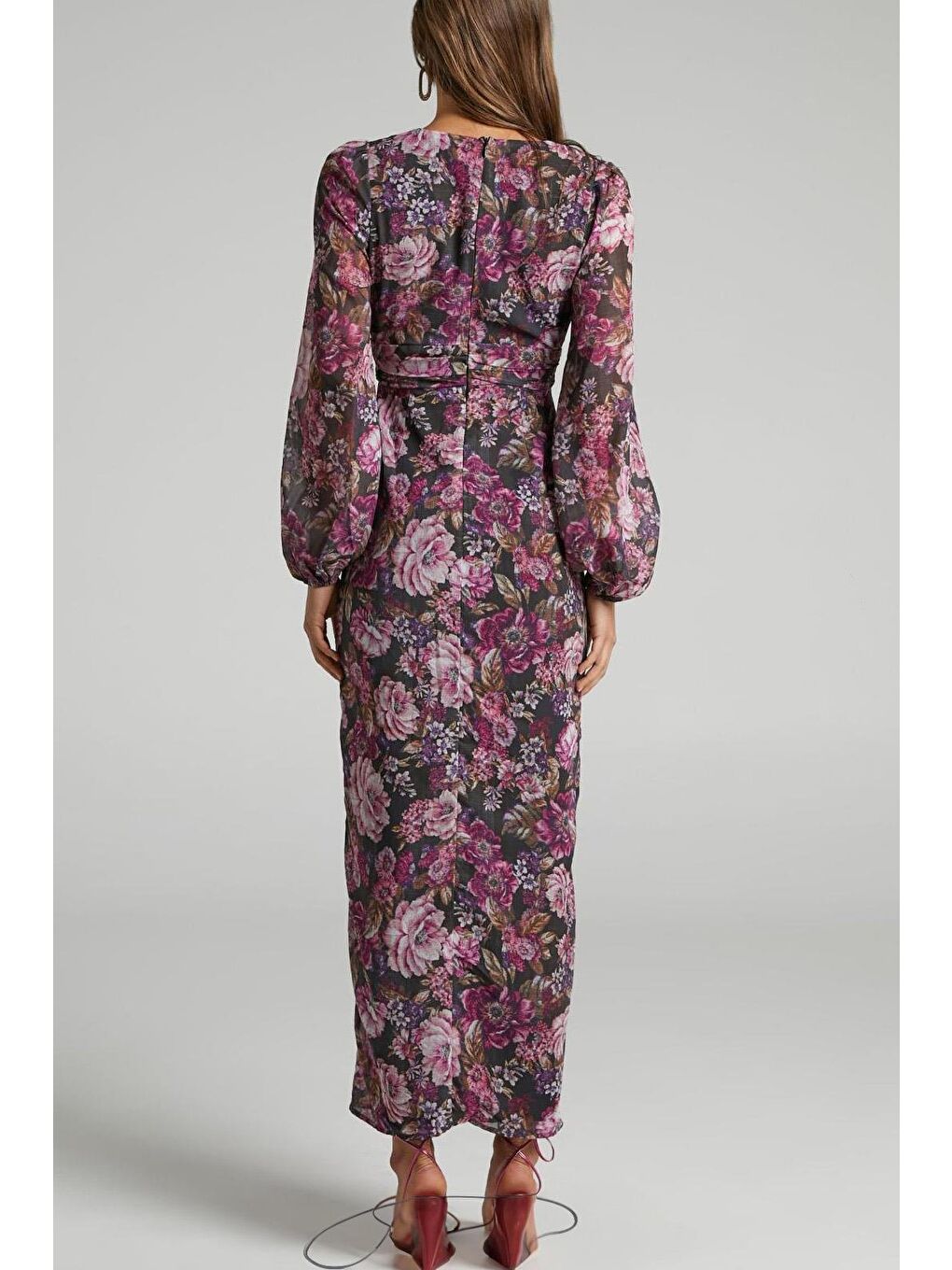 Mor Çiçekli Düğme Detaylı Kadın Elbise Mg2314-4