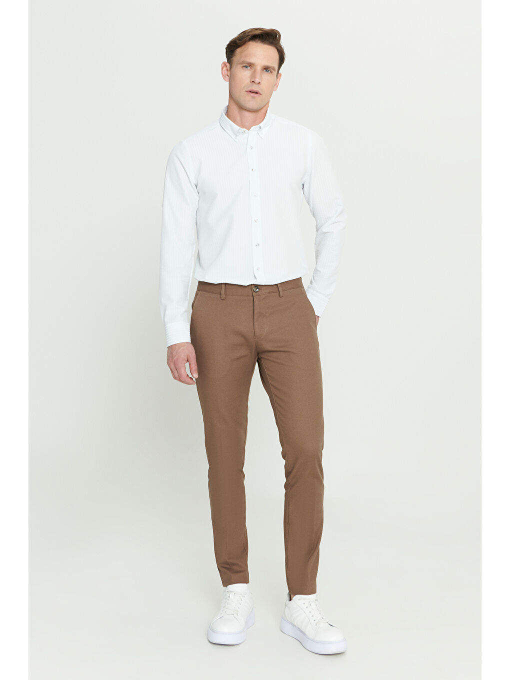 Kahverengi Erkek Camel Slim Fit Dar Kesim Armürlü Esnek Casual Pantolon-1