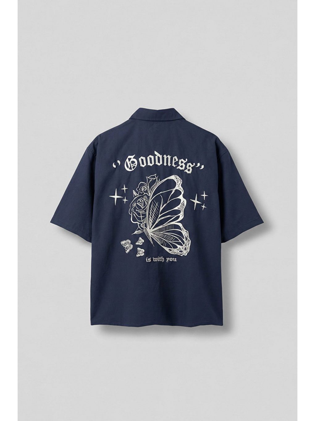 Erkek Sırt Baskılı Kısa Kollu %100 Pamuk Gömlek Lacivert