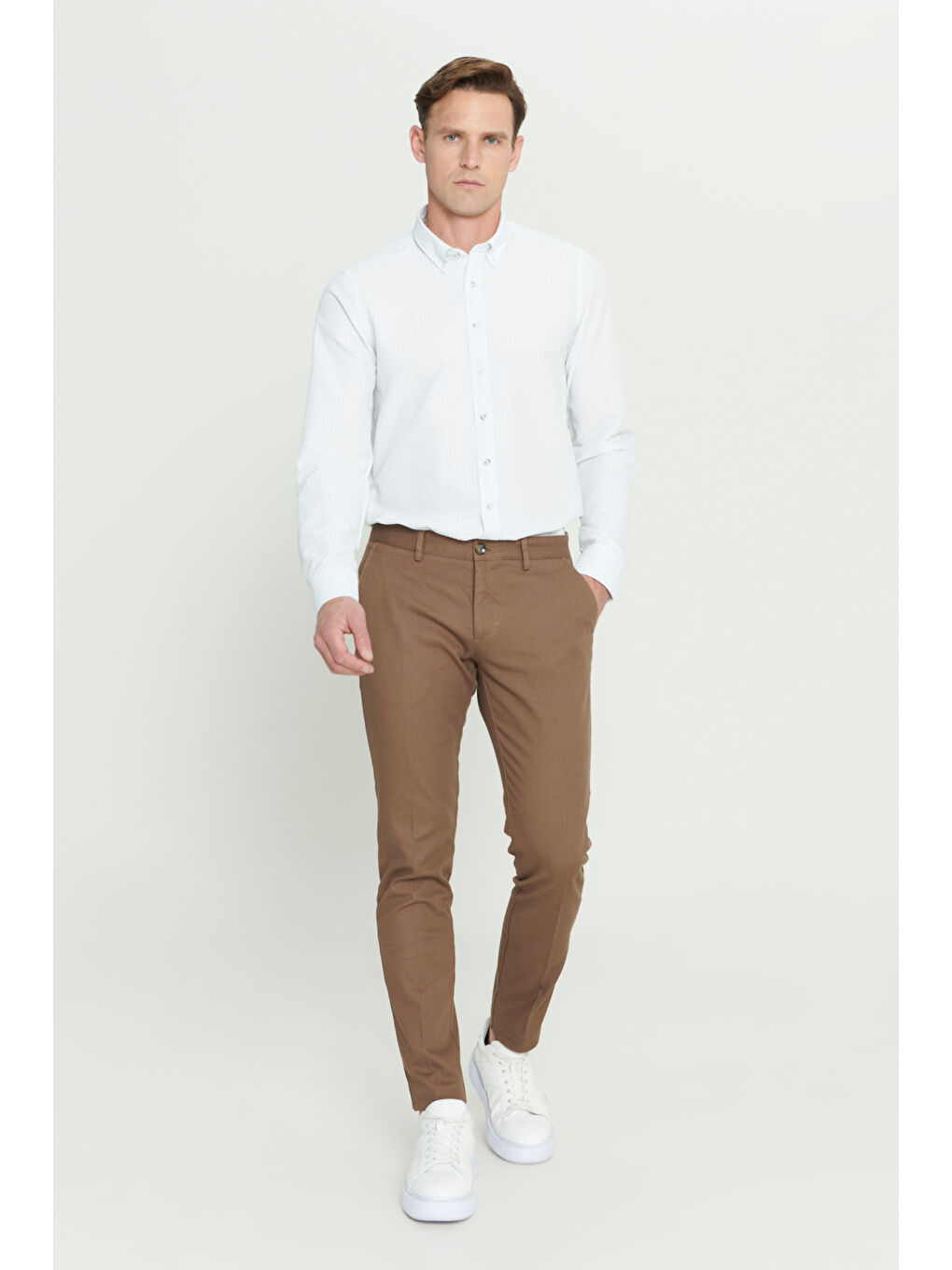 Kahverengi Erkek Camel Slim Fit Dar Kesim Armürlü Esnek Casual Pantolon-2