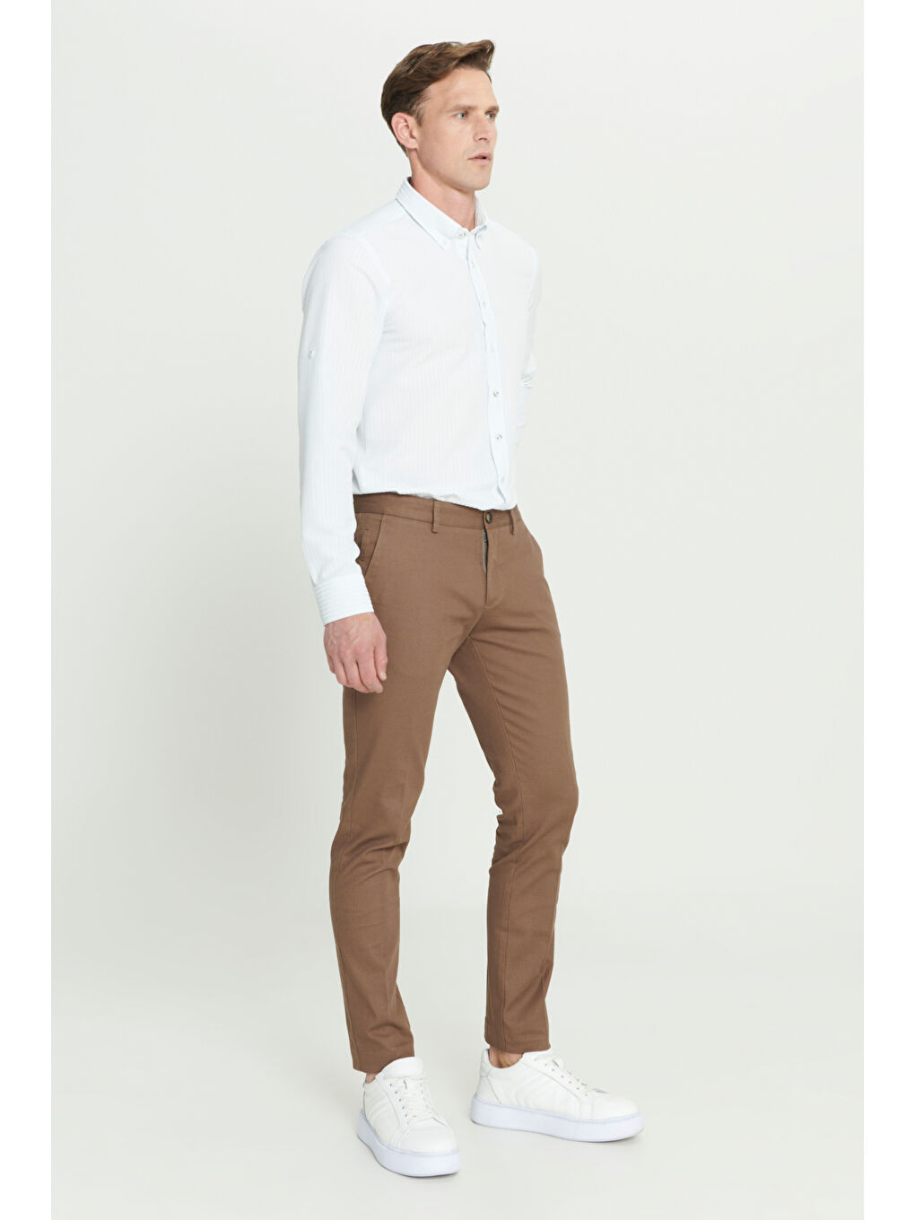 Kahverengi Erkek Camel Slim Fit Dar Kesim Armürlü Esnek Casual Pantolon-3