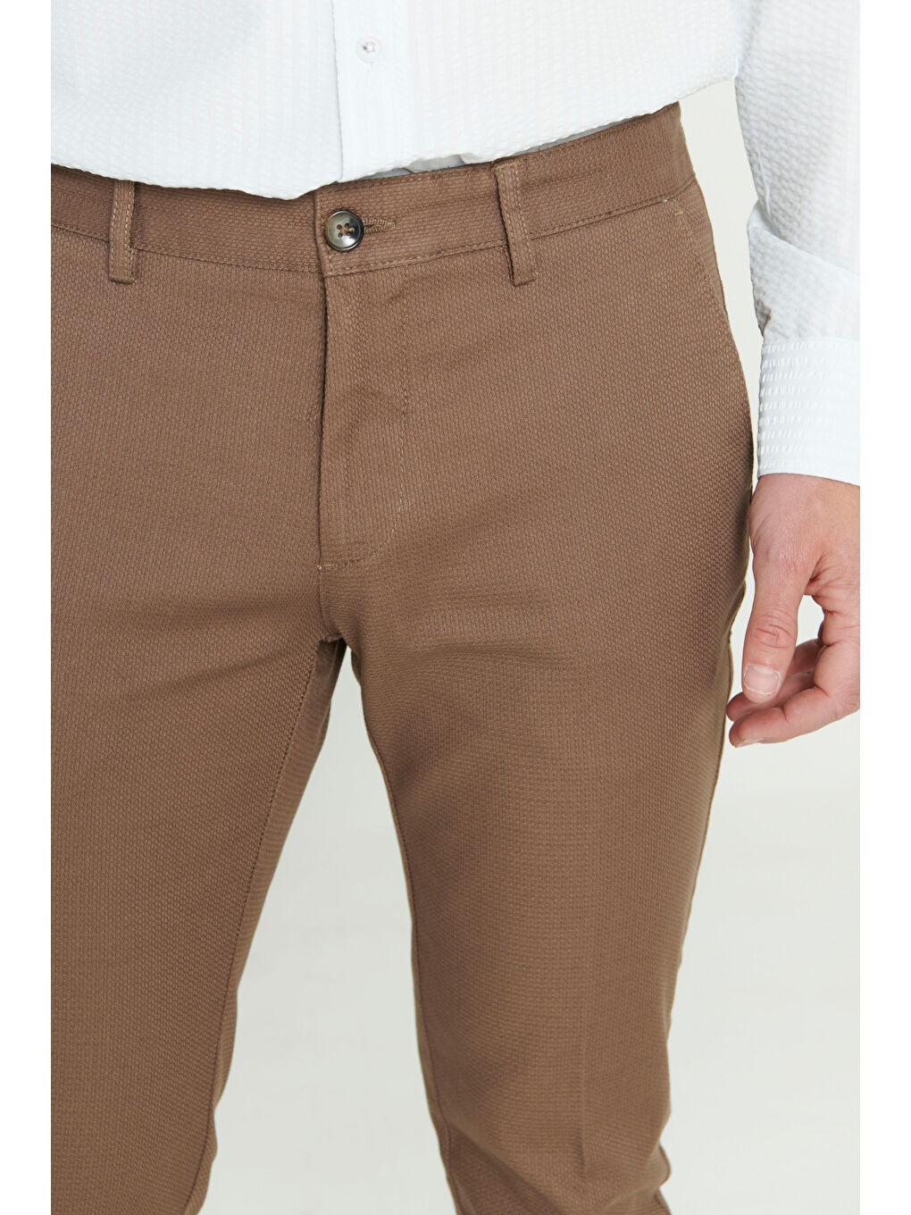 Kahverengi Erkek Camel Slim Fit Dar Kesim Armürlü Esnek Casual Pantolon-4