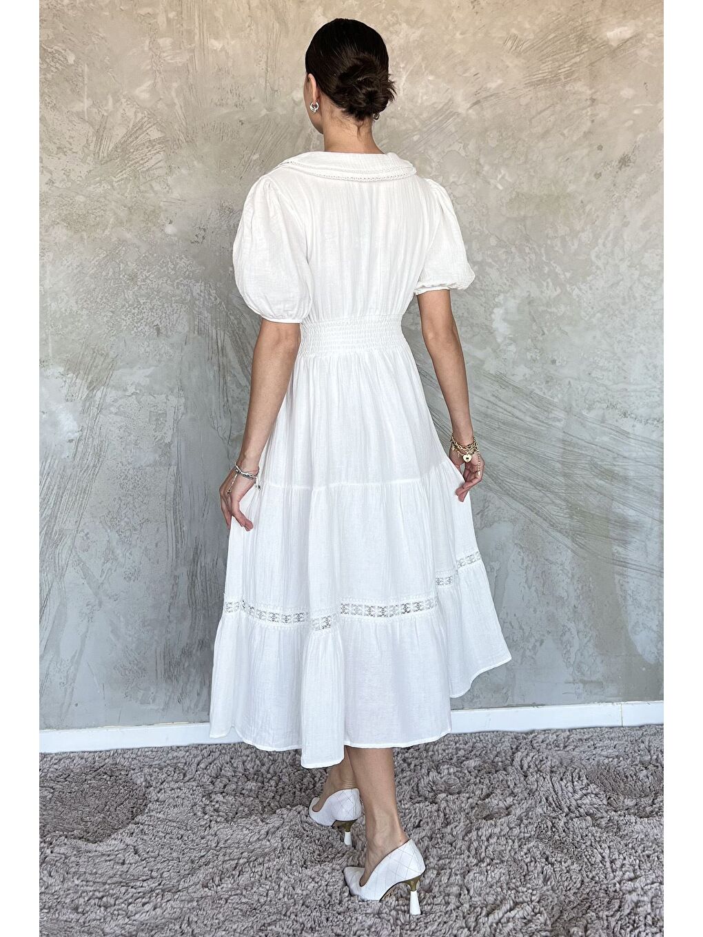 Beyaz Kadın Bebe Yaka Dantel İşleme Detaylı Bel Lastikli Elbise-2