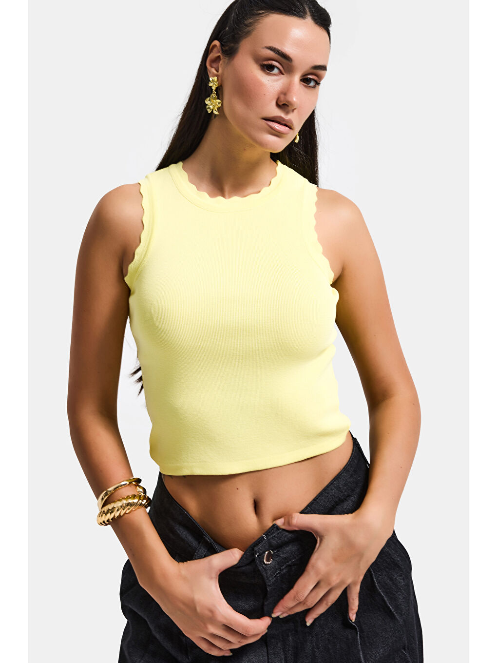 Kadın Sarı s6-108 Crop İnce Yazlık Triko Body-1