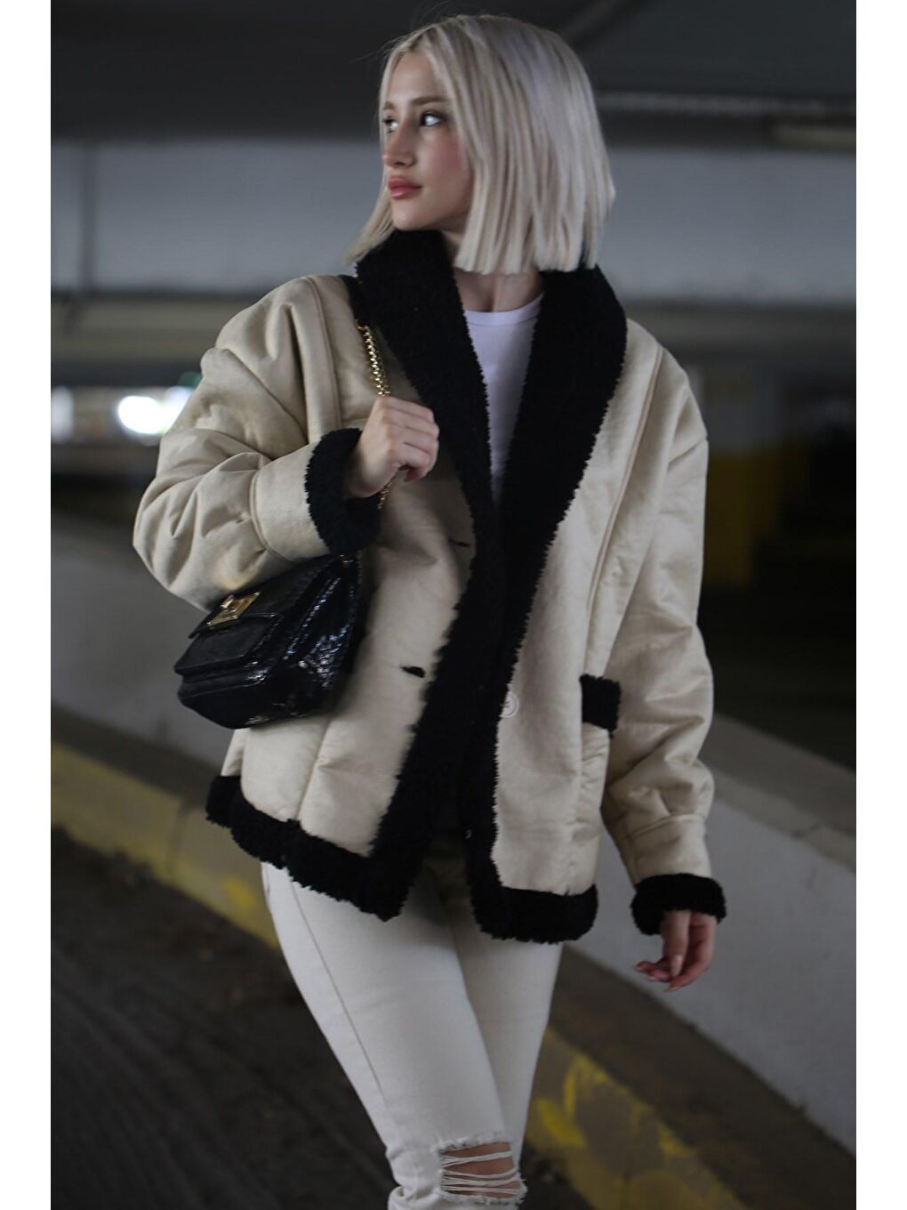 Bej İçi Suni Kürklü Biker Mont MG1329