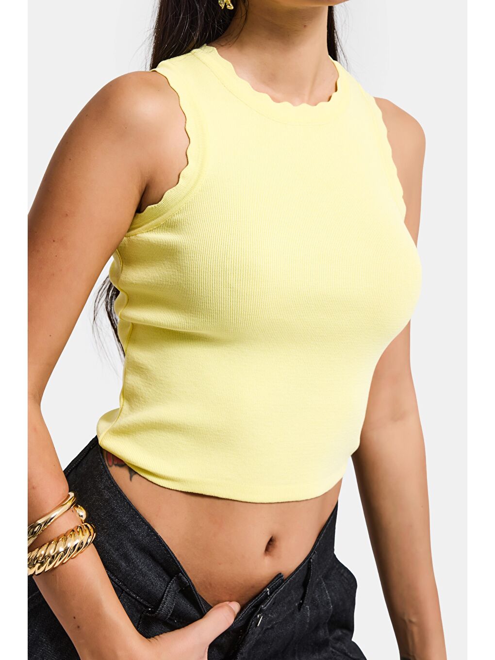 Kadın Sarı s6-108 Crop İnce Yazlık Triko Body-3