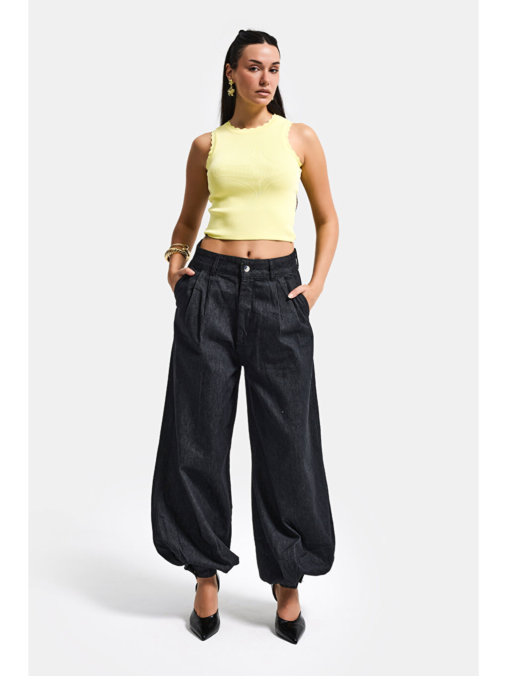 Kadın Sarı s6-108 Crop İnce Yazlık Triko Body-4