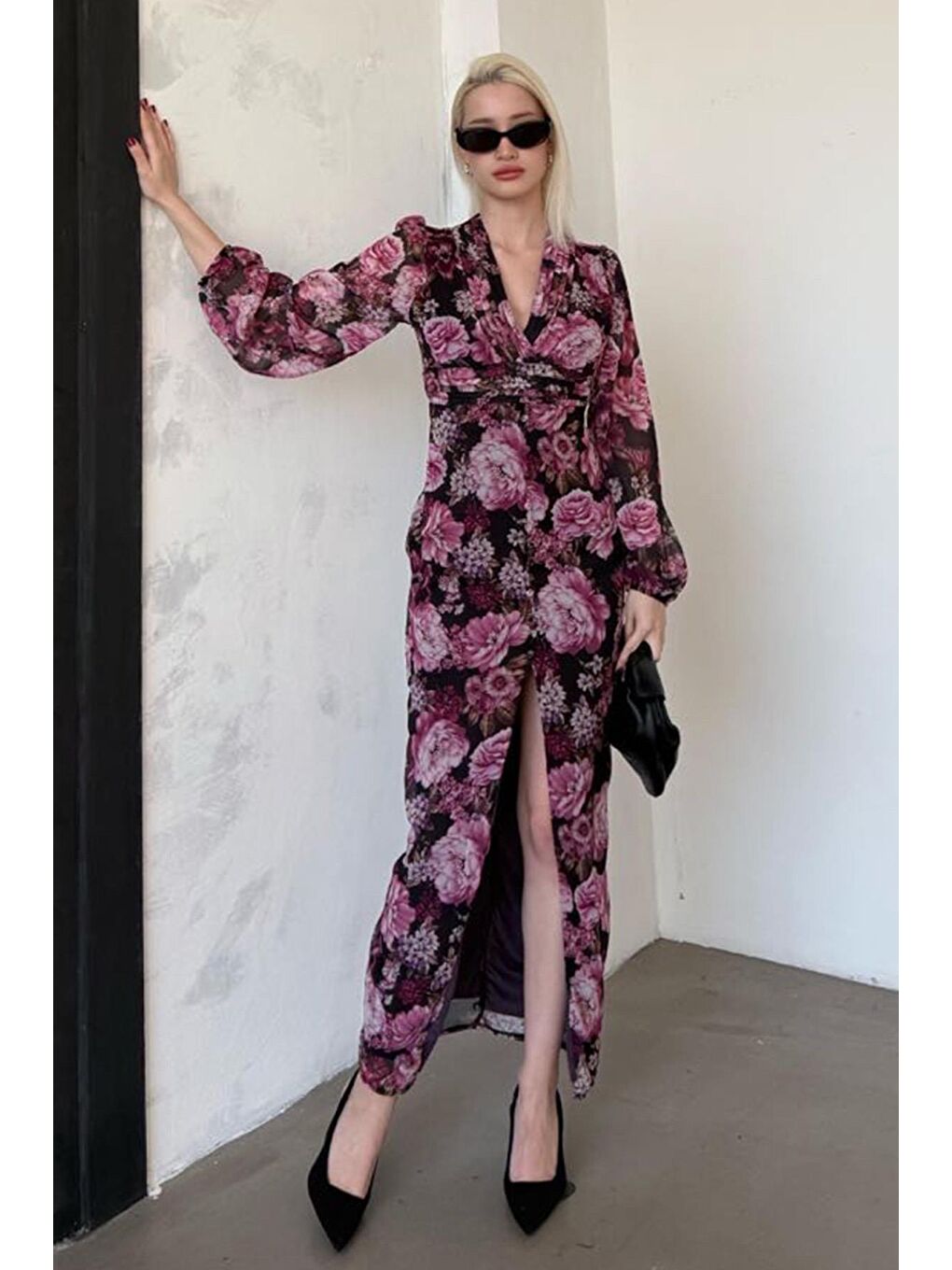 Mor Çiçekli Düğme Detaylı Kadın Elbise Mg2314-5