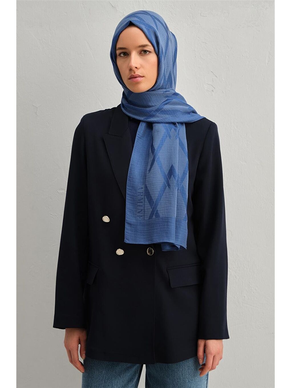 Mavi Lyocell Naia Zikzak Desen Şal 1113-16