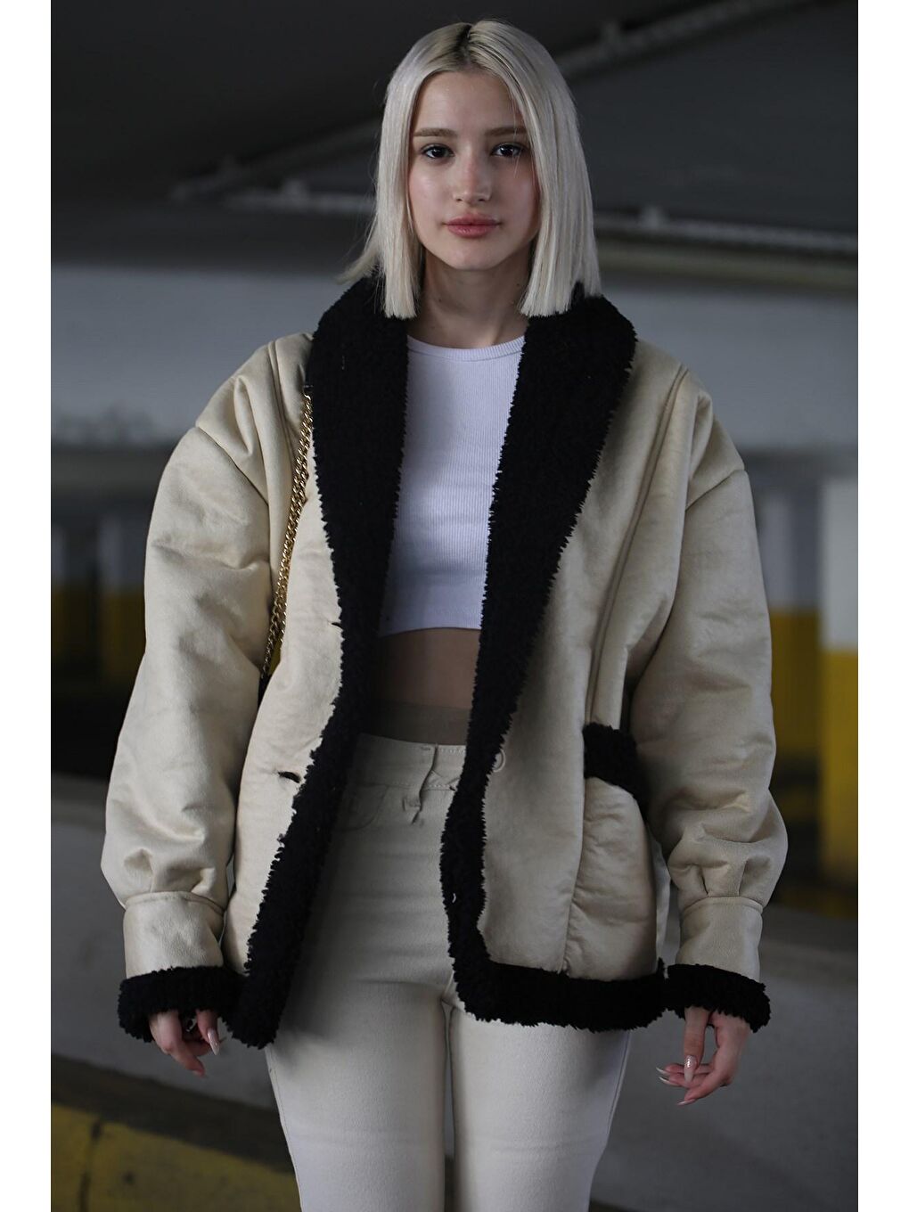 Bej İçi Suni Kürklü Biker Mont MG1329-1
