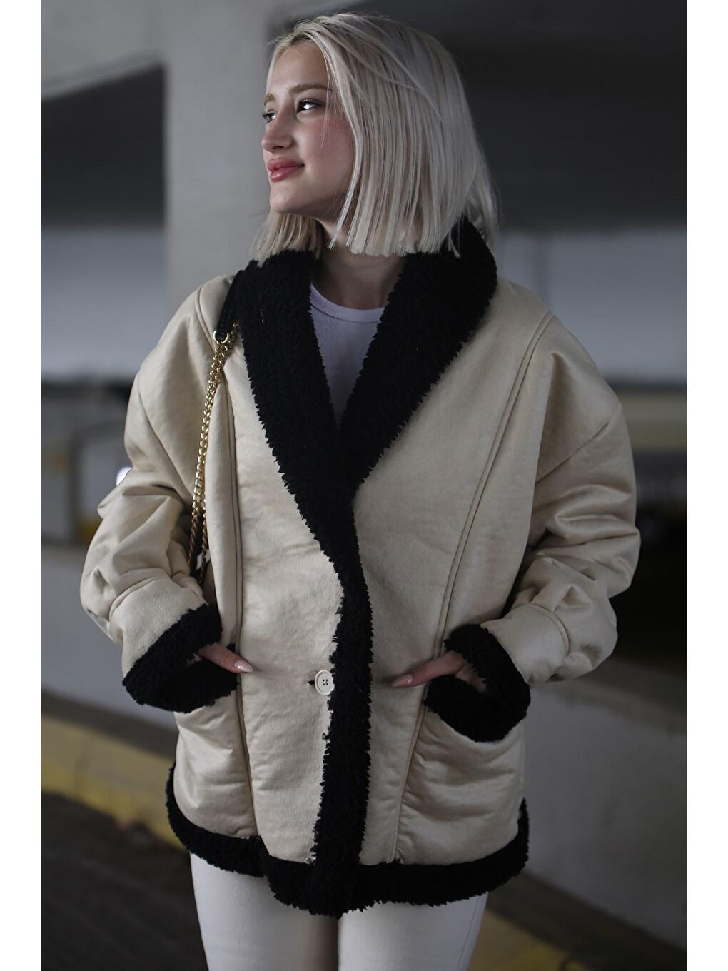 Bej İçi Suni Kürklü Biker Mont MG1329-2