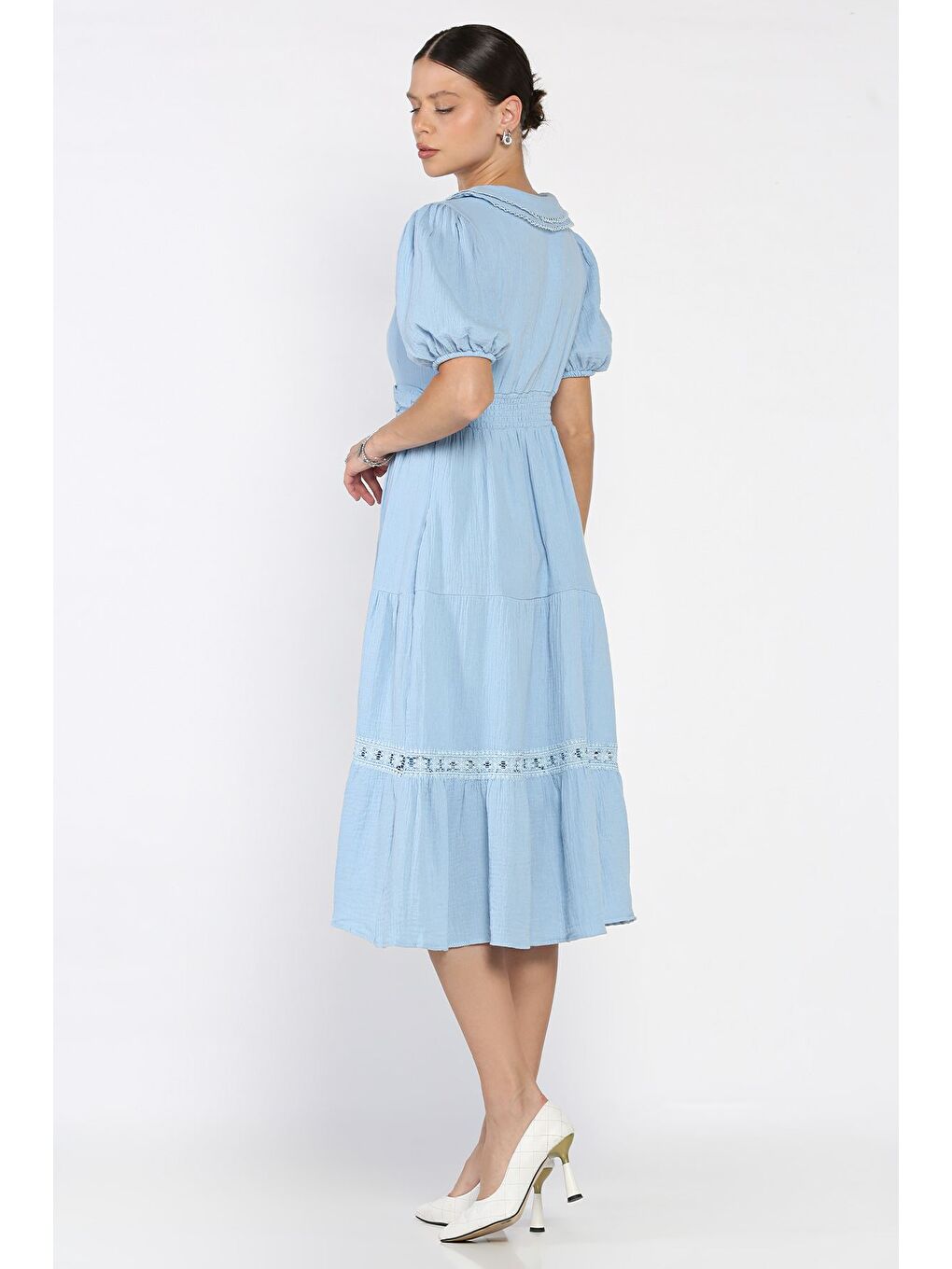 Mavi Kadın Bebe Yaka Dantel İşleme Detaylı Bel Lastikli Elbise-2